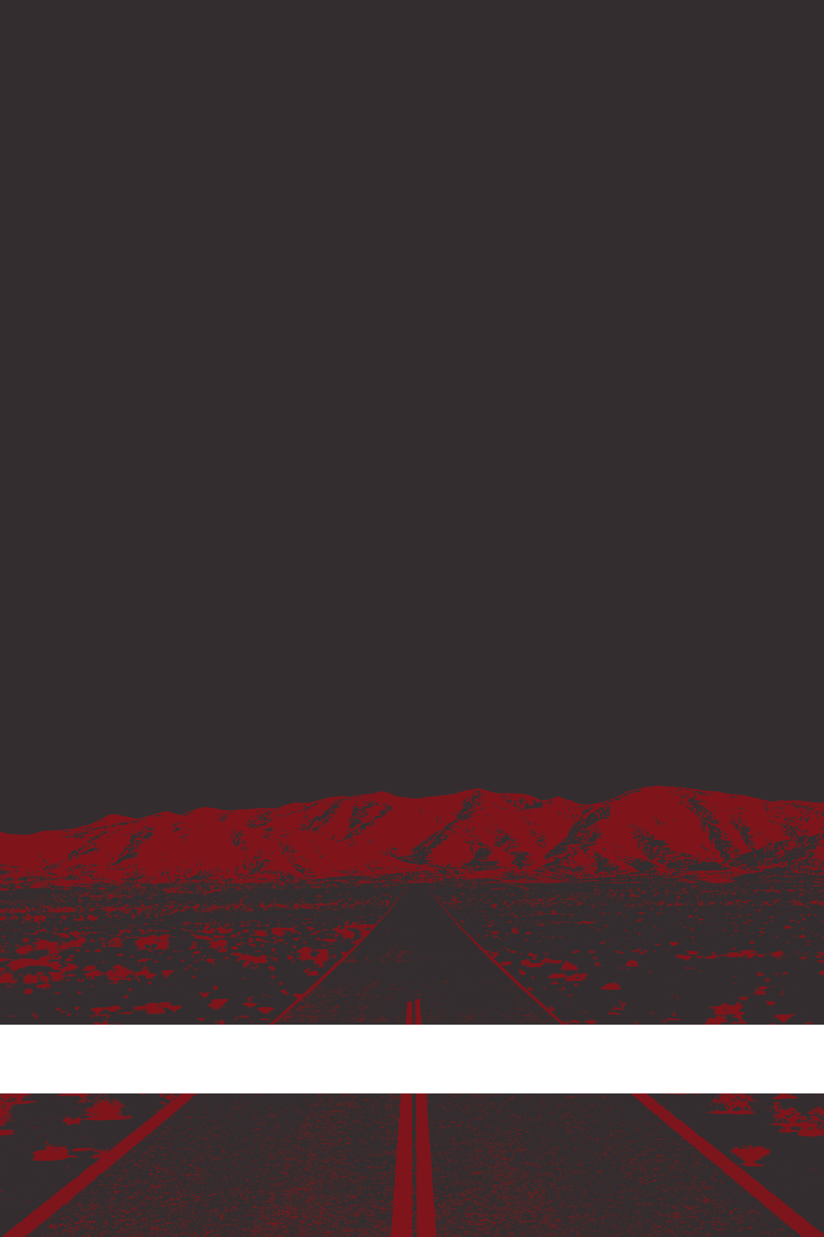 A view of Mercury Valley, Nevada, facing toward the northwest. The composition is rendered in dark gray and red. A prominent white line stretches across the composition near the bottom of the view.