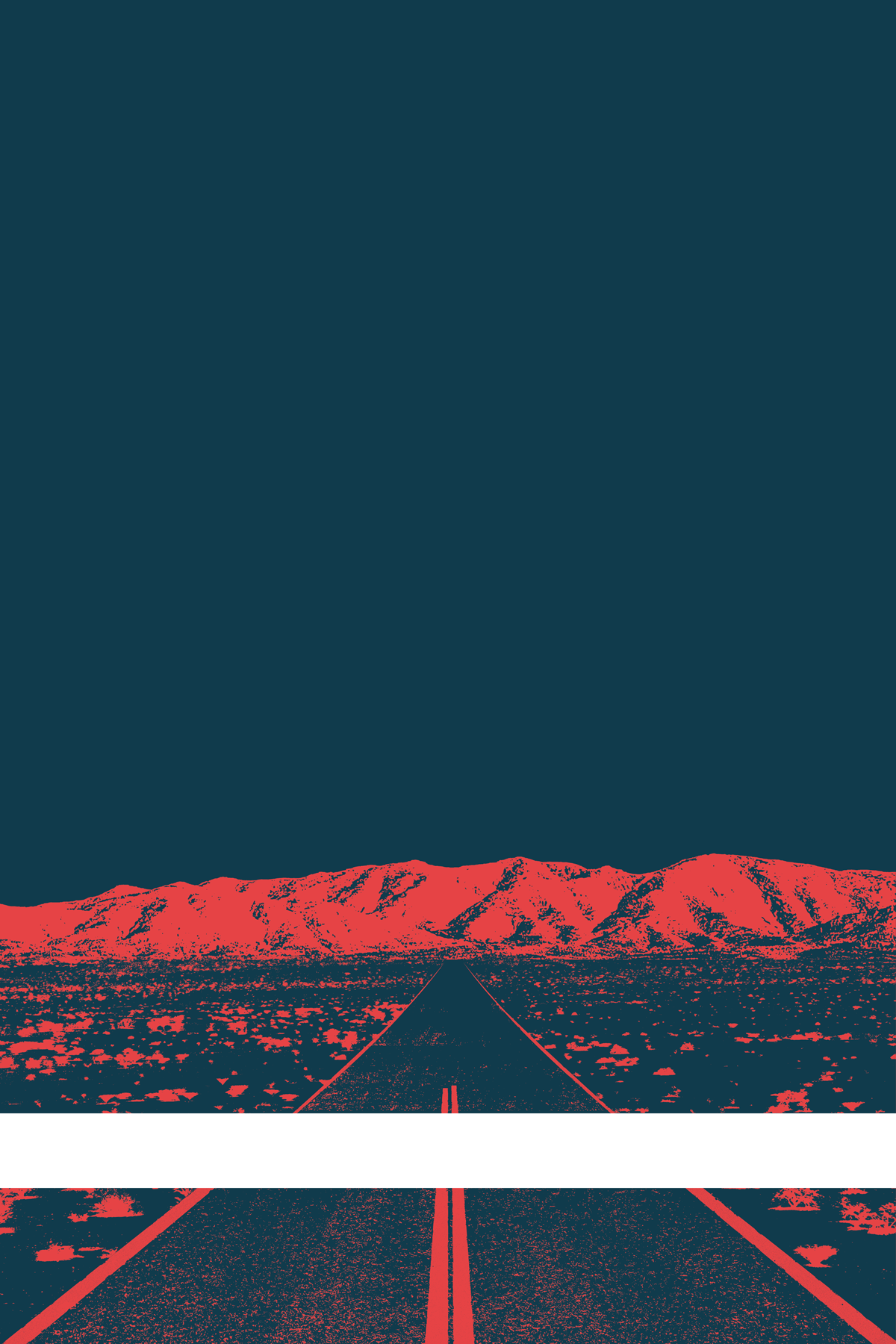 A view of Mercury Valley, Nevada, facing toward the northwest. The composition is rendered in dark blue and light red. A prominent white line stretches across the composition near the bottom of the view.