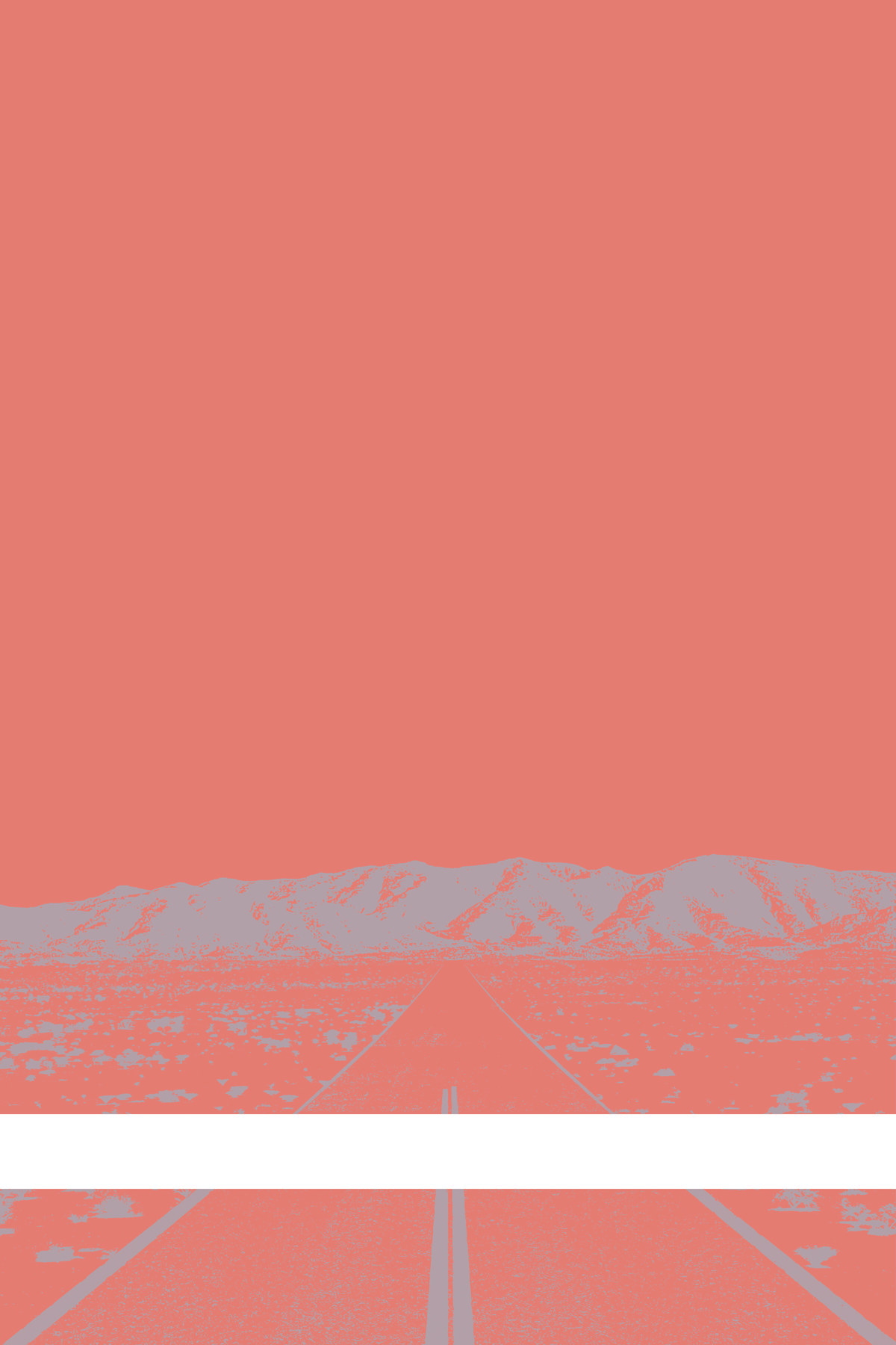 A view of Mercury Valley, Nevada, facing toward the northwest. The composition is rendered in pink and gray. A prominent white line stretches across the composition near the bottom of the view.