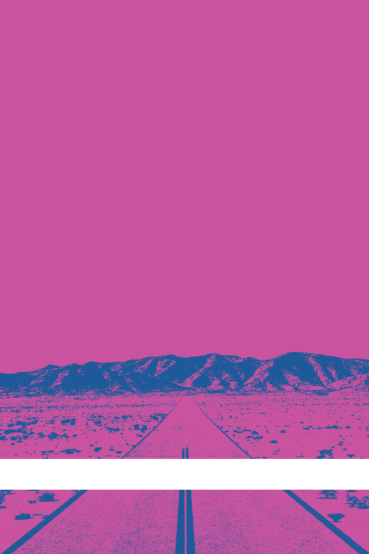 A view of Mercury Valley, Nevada, facing toward the northwest. The composition is rendered in purple and gray blue. A prominent white line stretches across the composition near the bottom of the view.