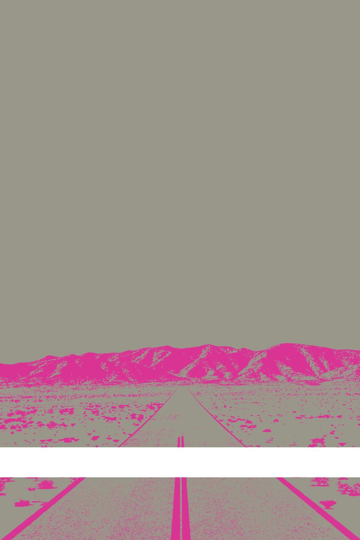 A view of Mercury Valley, Nevada, facing toward the northwest. The composition is rendered in light gray and purple. A prominent white line stretches across the composition near the bottom of the view.