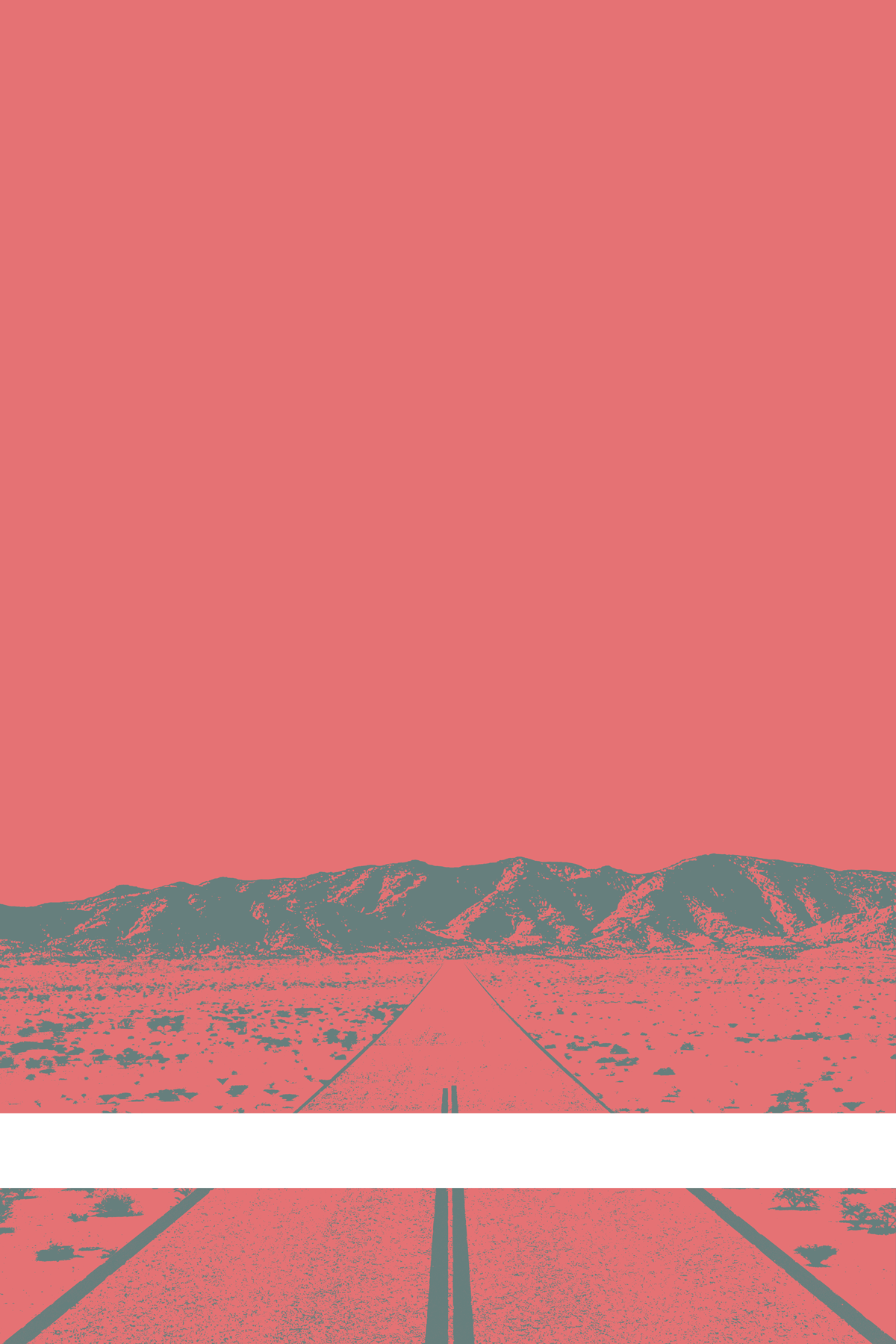 A view of Mercury Valley, Nevada, facing toward the northwest. The composition is rendered in pink and light grayish blue. A prominent white line stretches across the composition near the bottom of the view.