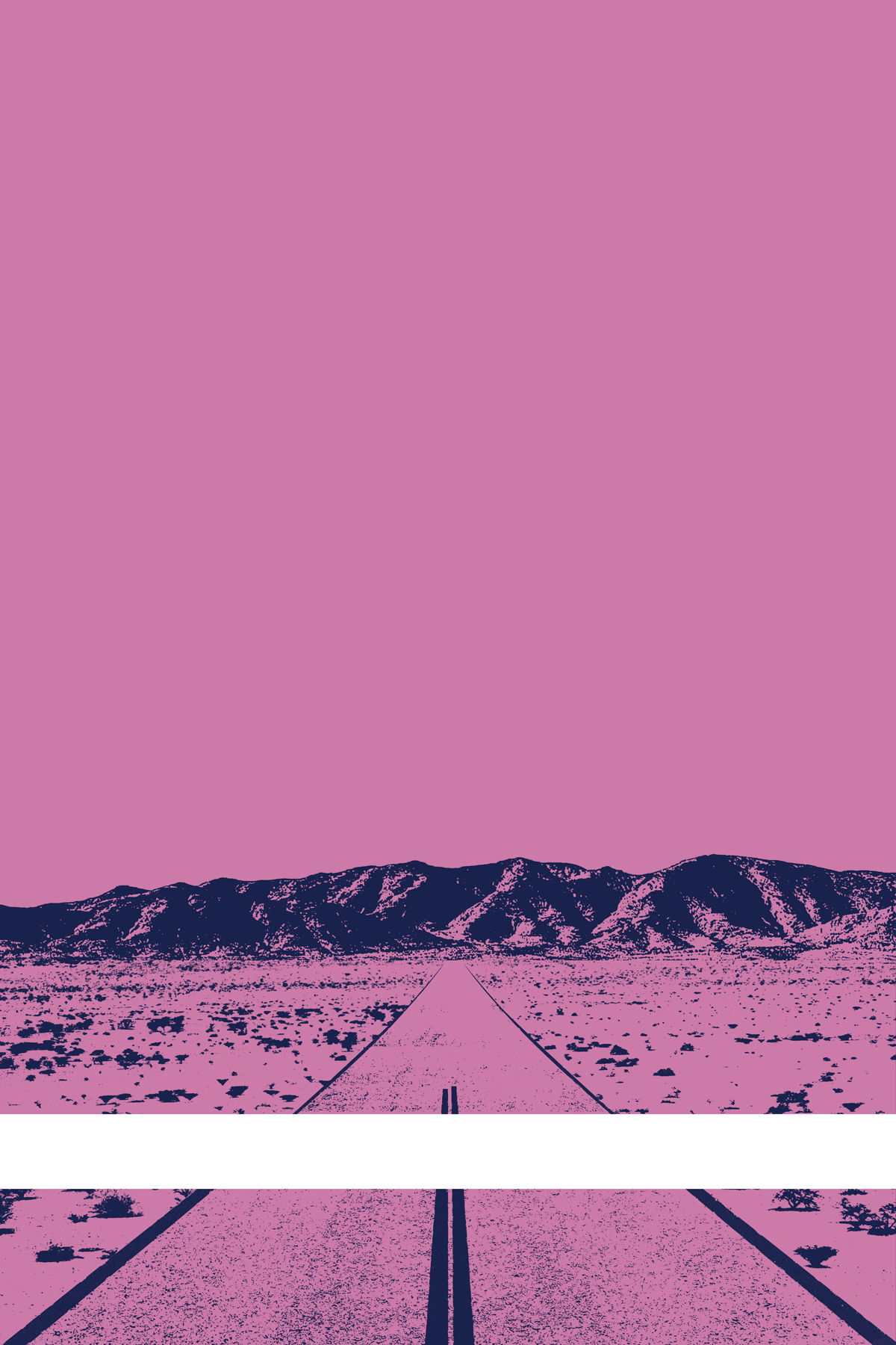 A view of Mercury Valley, Nevada, facing toward the northwest. The composition is rendered in pink and dark blue. A prominent white line stretches across the composition near the bottom of the view.