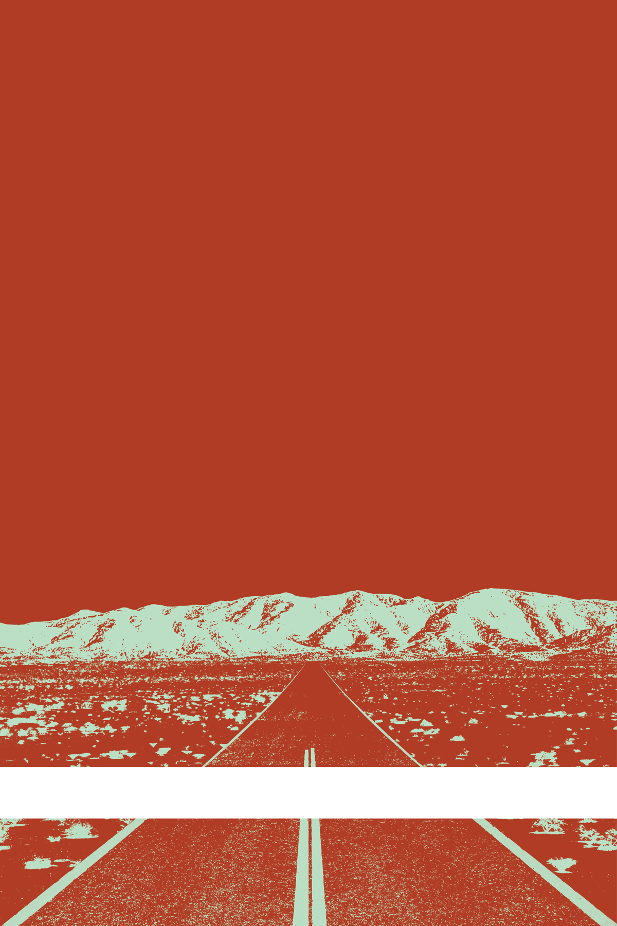 A view of Mercury Valley, Nevada, facing toward the northwest. The composition is rendered in red and light green. A prominent white line stretches across the composition near the bottom of the view.