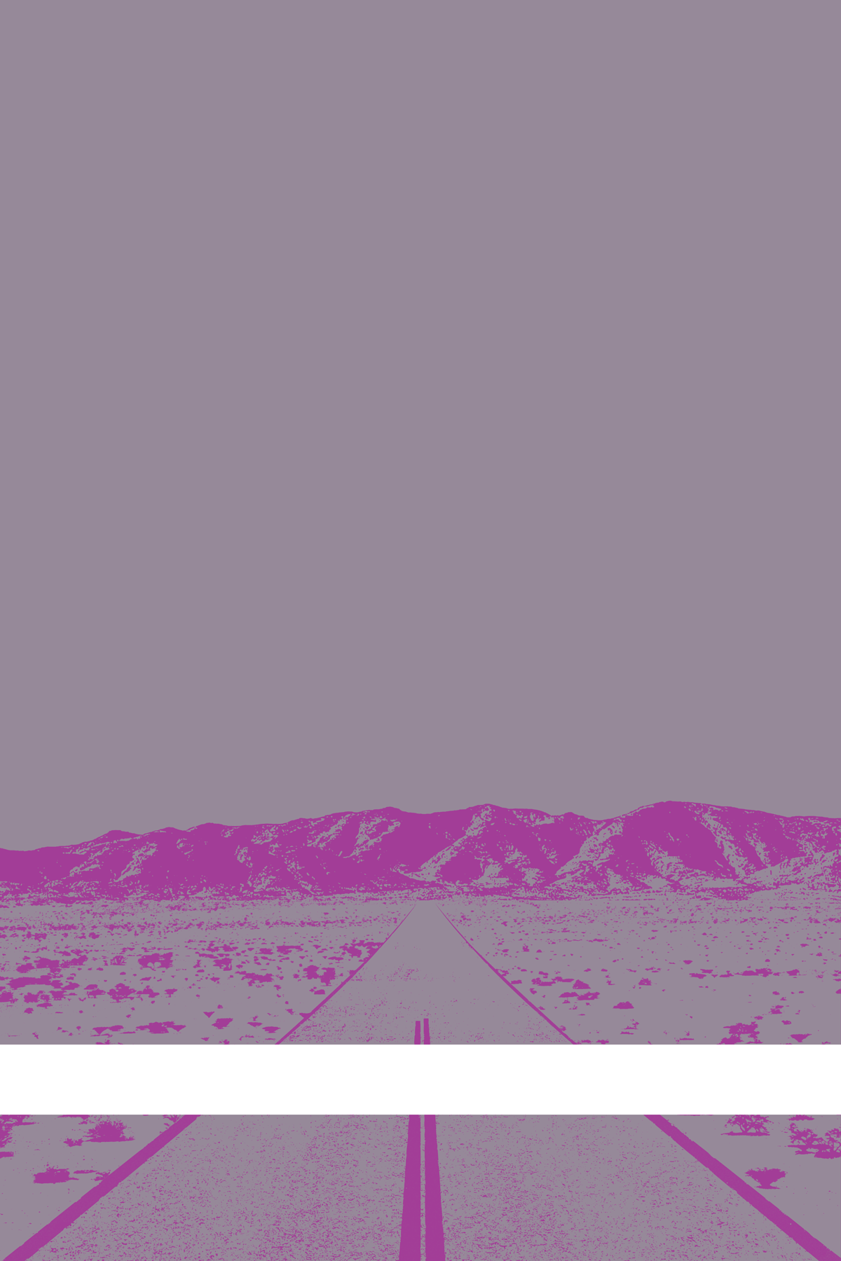 A view of Mercury Valley, Nevada, facing toward the northwest. The composition is rendered in light grayish purple and purple. A prominent white line stretches across the composition near the bottom of the view.