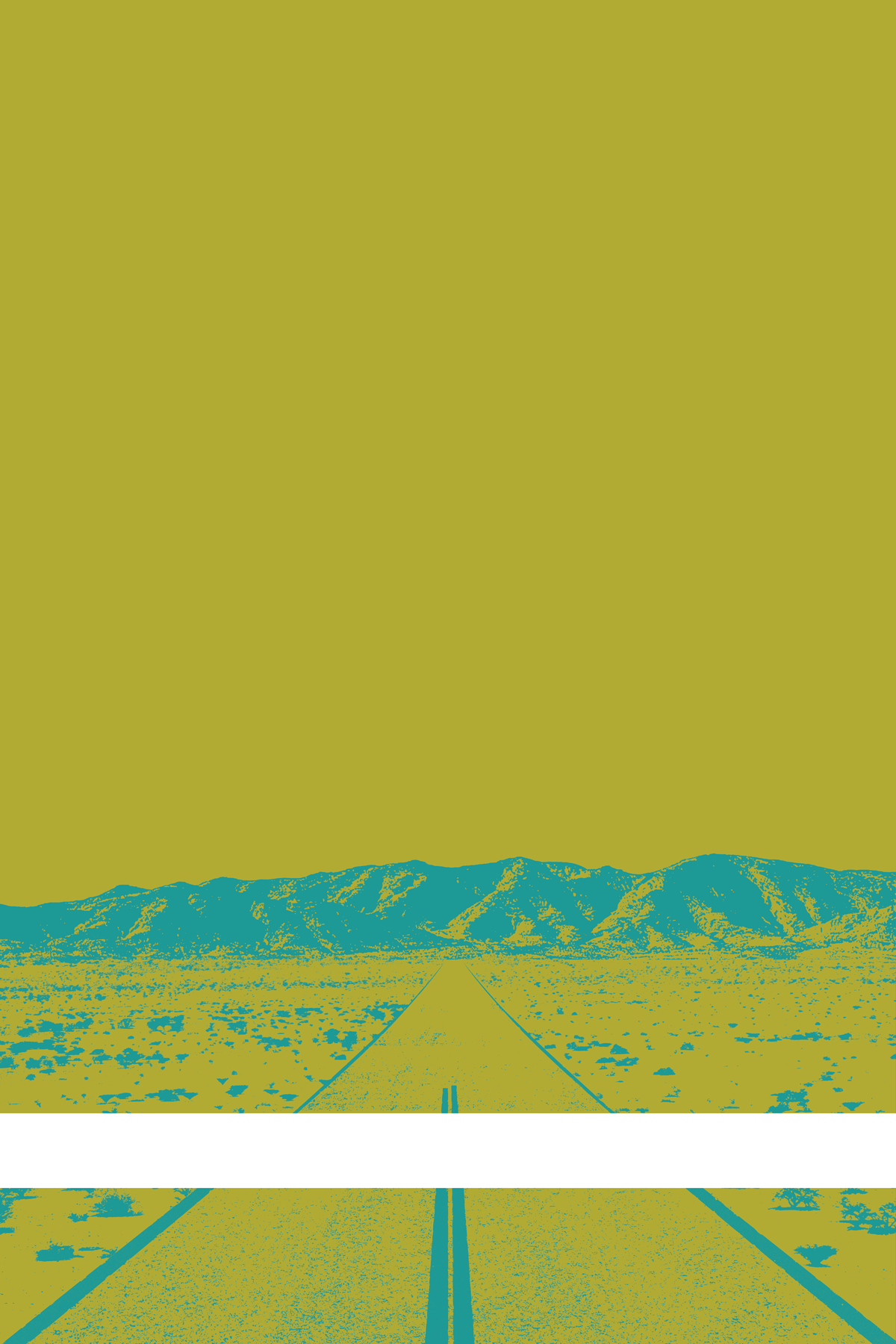 A view of Mercury Valley, Nevada, facing toward the northwest. The composition is rendered in yellow-green and blue. A prominent white line stretches across the composition near the bottom of the view.