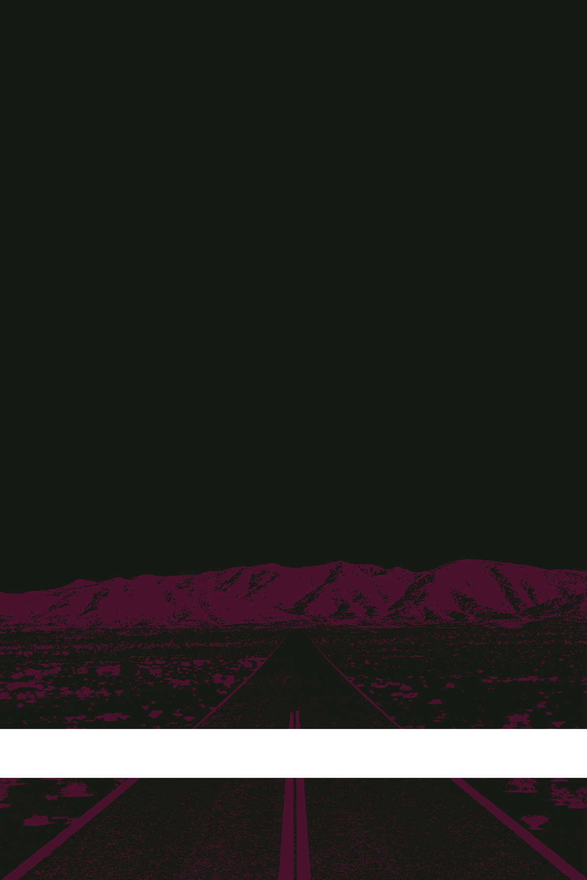 A view of Mercury Valley, Nevada, facing toward the northwest. The composition is rendered in black and dark purple. A prominent white line stretches across the composition near the bottom of the view.