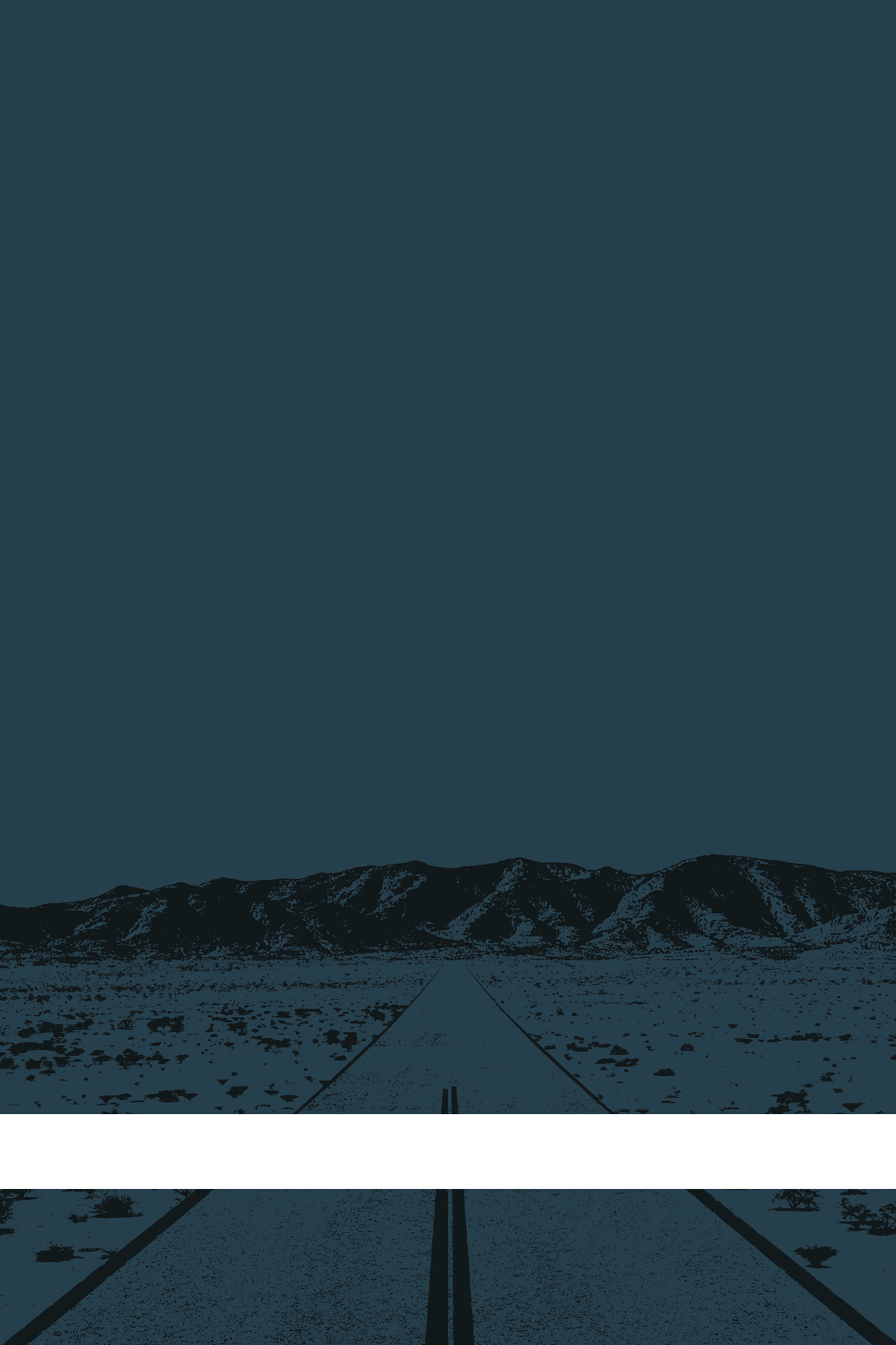 A view of Mercury Valley, Nevada, facing toward the northwest. The composition is rendered in dark blue and black. A prominent white line stretches across the composition near the bottom of the view.