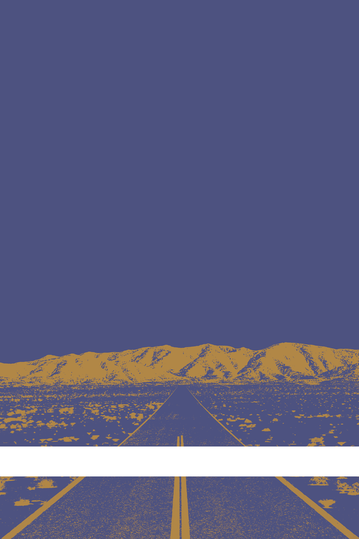 A view of Mercury Valley, Nevada, facing toward the northwest. The composition is rendered in light blue and light orange. A prominent white line stretches across the composition near the bottom of the view.