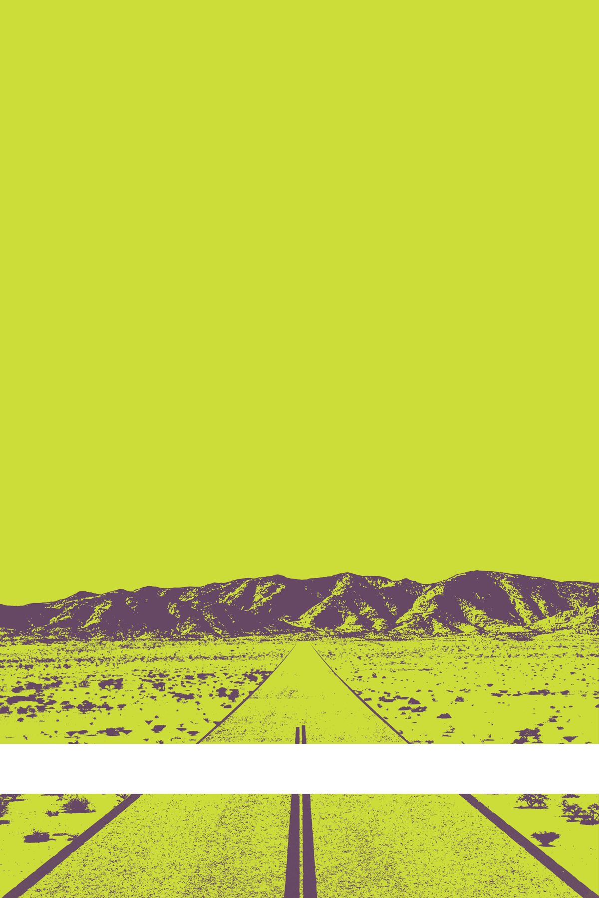 A view of Mercury Valley, Nevada, facing toward the northwest. The composition is rendered in yellow-green and dark purple. A prominent white line stretches across the composition near the bottom of the view.