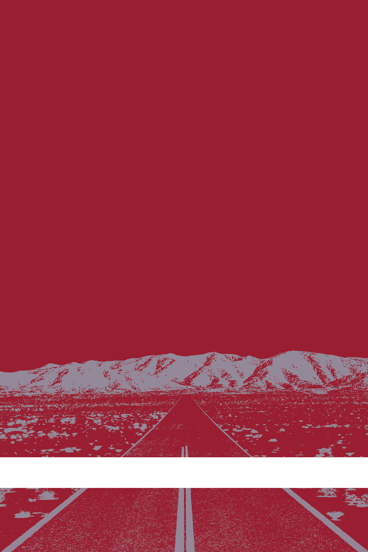 A view of Mercury Valley, Nevada, facing toward the northwest. The composition is rendered in red and pale blue. A prominent white line stretches across the composition near the bottom of the view.