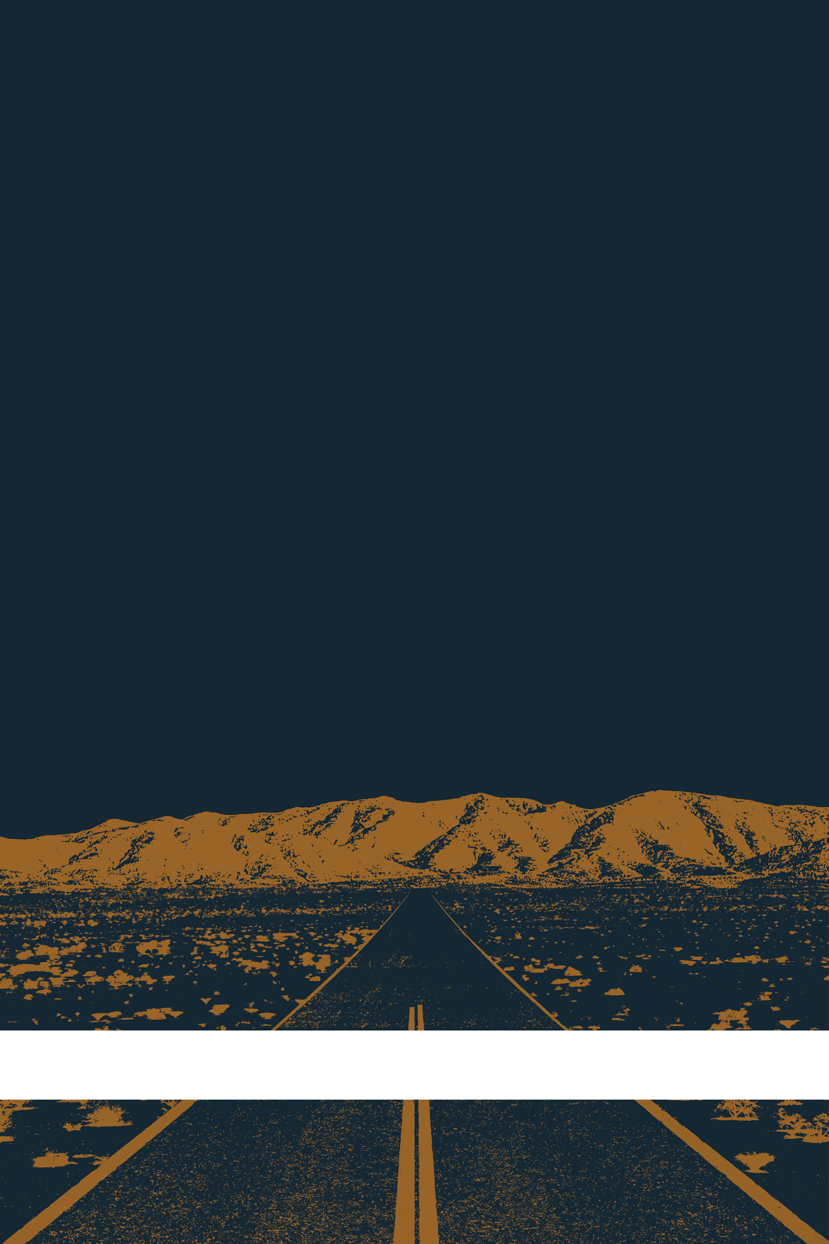 A view of Mercury Valley, Nevada, facing toward the northwest. The composition is rendered in dark blue and dark orange. A prominent white line stretches across the composition near the bottom of the view.