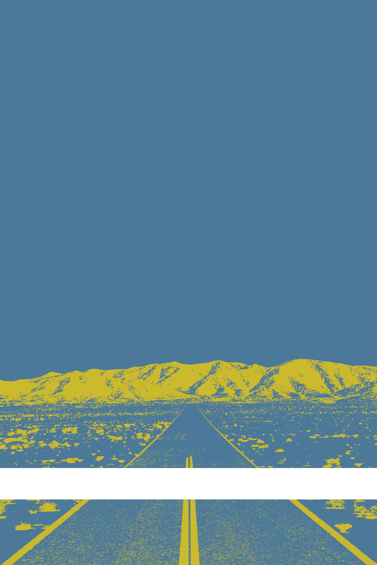 A view of Mercury Valley, Nevada, facing toward the northwest. The composition is rendered in blue and yellow. A prominent white line stretches across the composition near the bottom of the view.