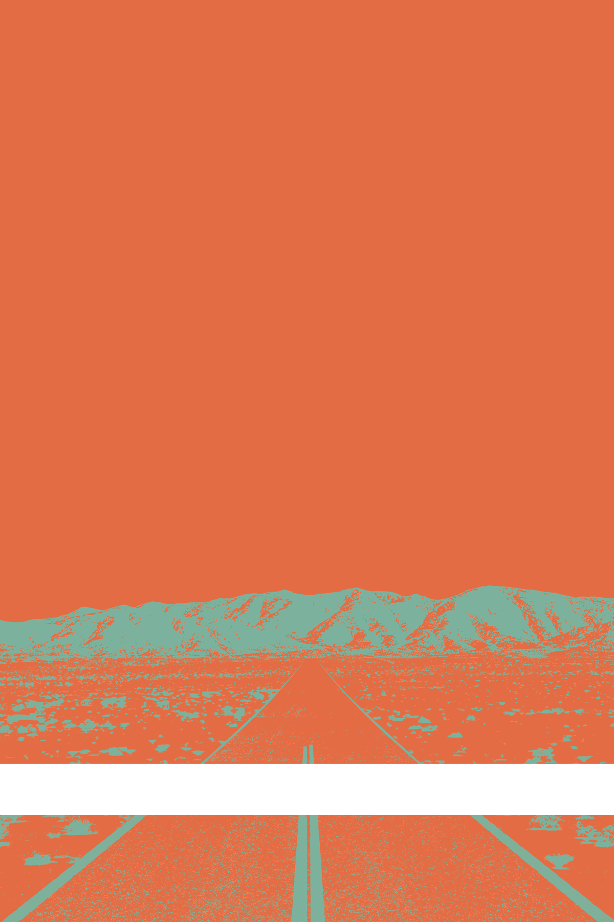 A view of Mercury Valley, Nevada, facing toward the northwest. The composition is rendered in orange and light blue. A prominent white line stretches across the composition near the bottom of the view.