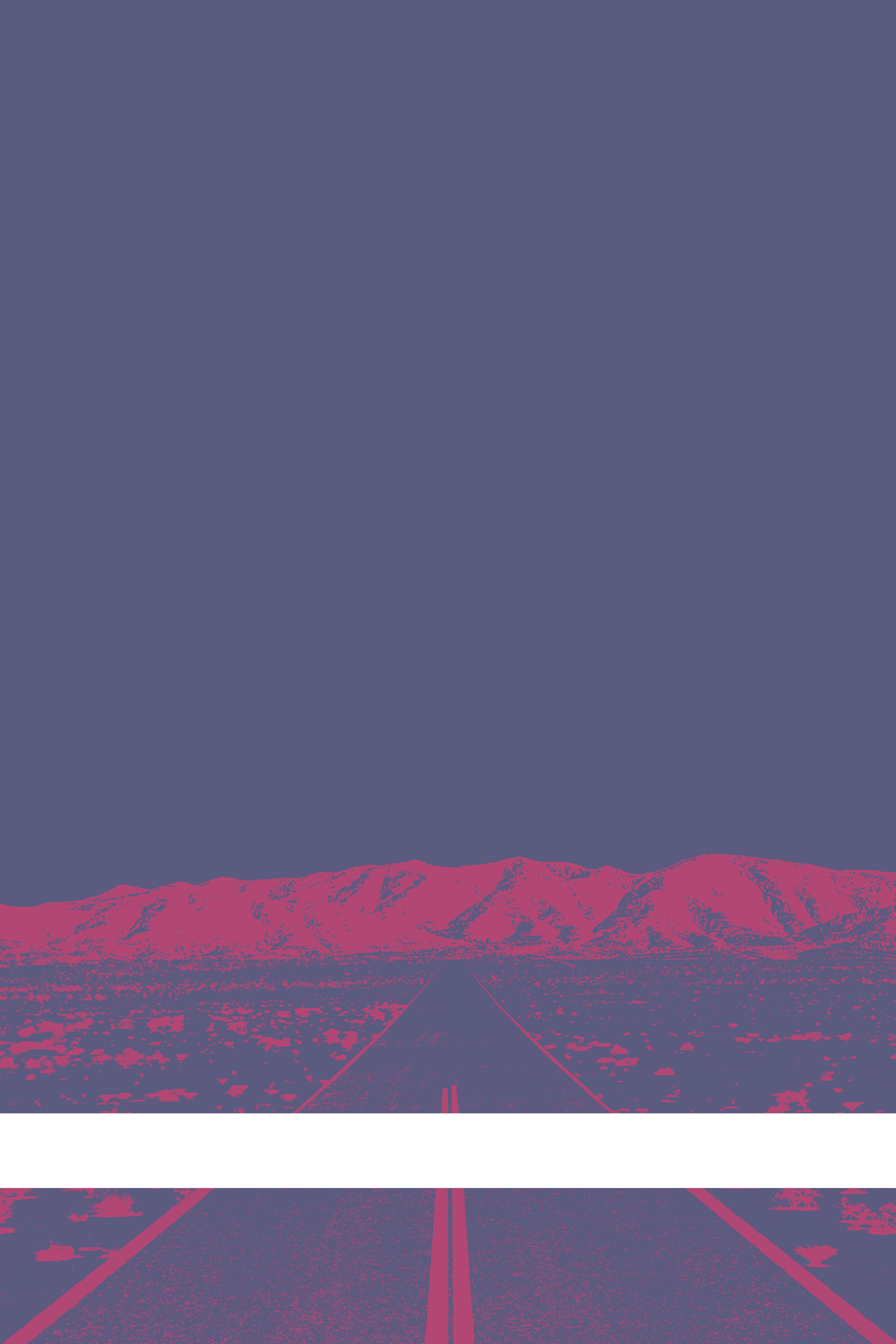 A view of Mercury Valley, Nevada, facing toward the northwest. The composition is rendered in light grayish purple and pink. A prominent white line stretches across the composition near the bottom of the view.