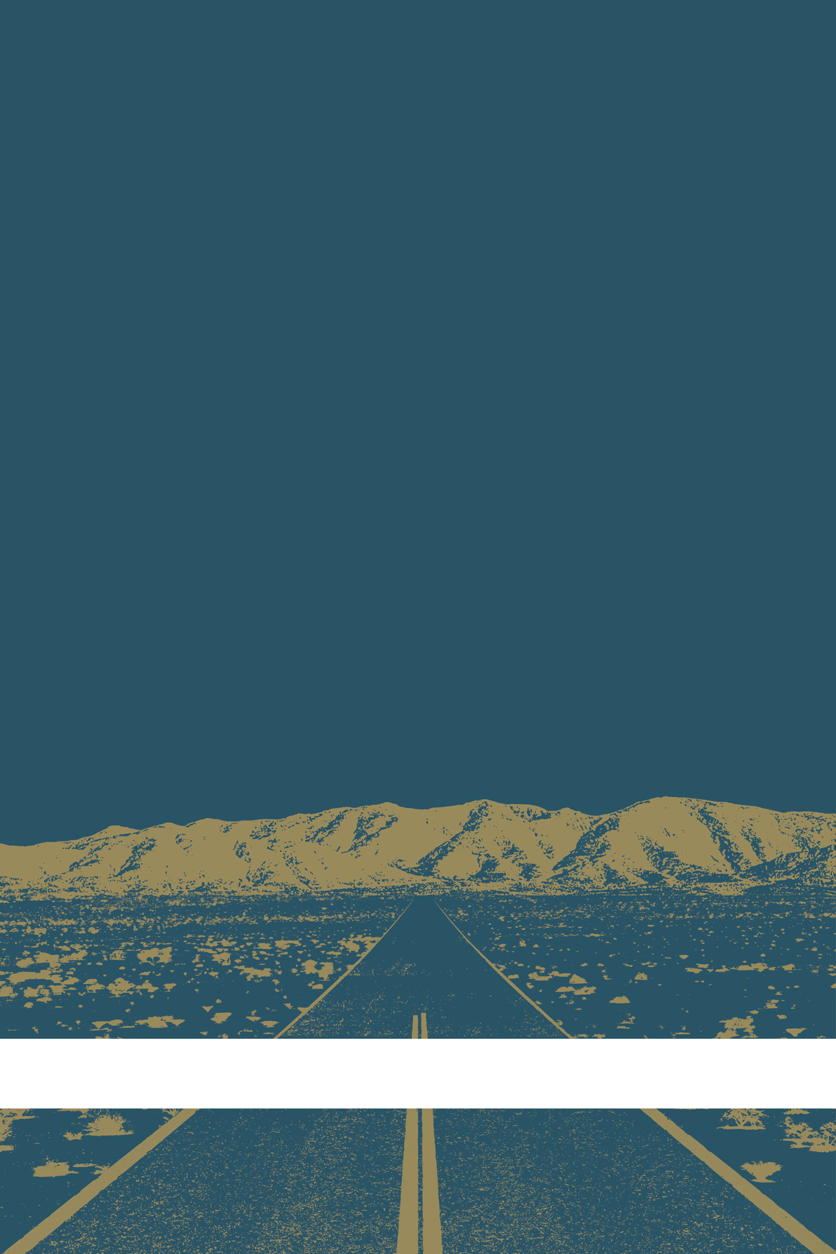 A view of Mercury Valley, Nevada, facing toward the northwest. The composition is rendered in grayish blue and light orange. A prominent white line stretches across the composition near the bottom of the view.