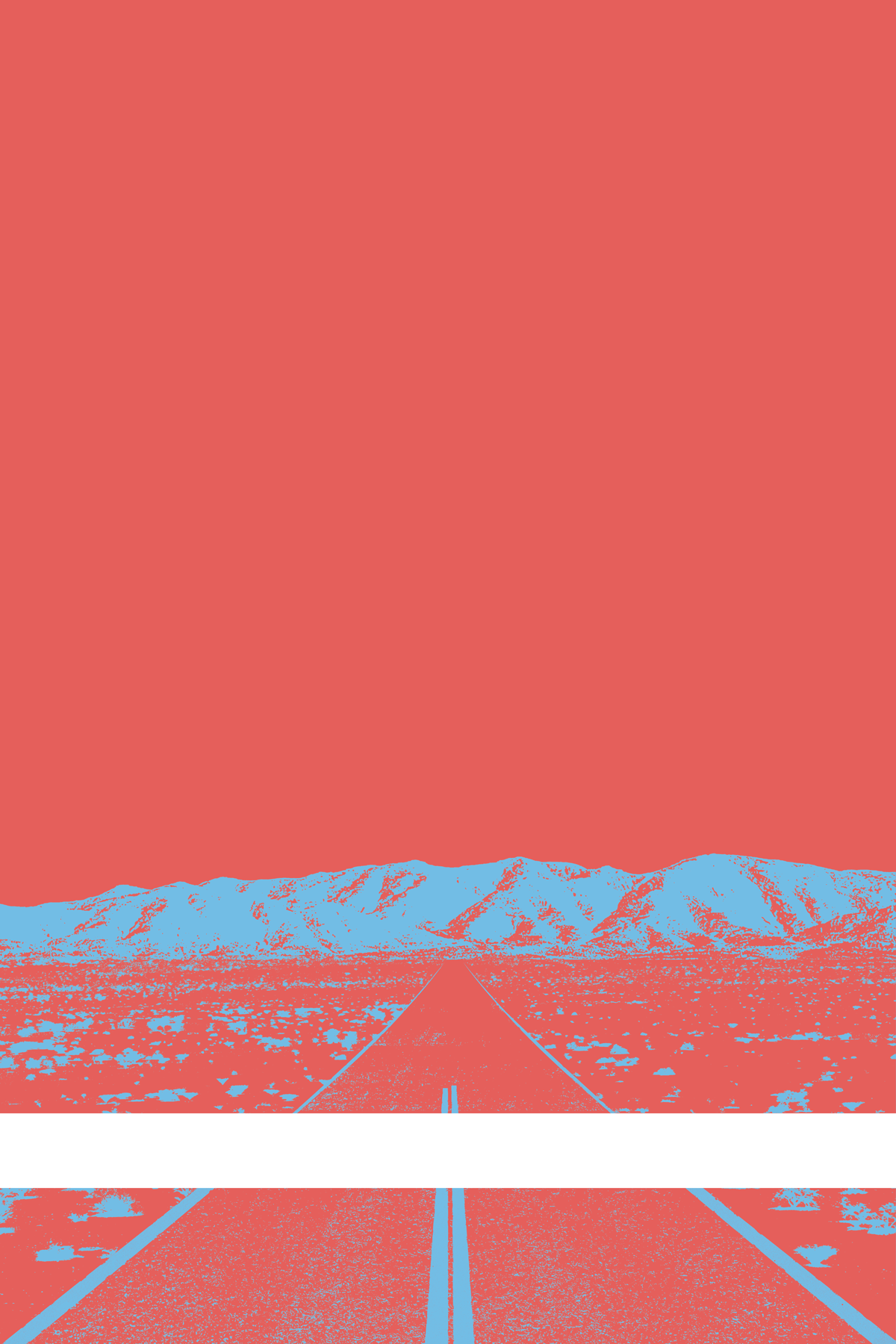 A view of Mercury Valley, Nevada, facing toward the northwest. The composition is rendered in light red and light blue. A prominent white line stretches across the composition near the bottom of the view.