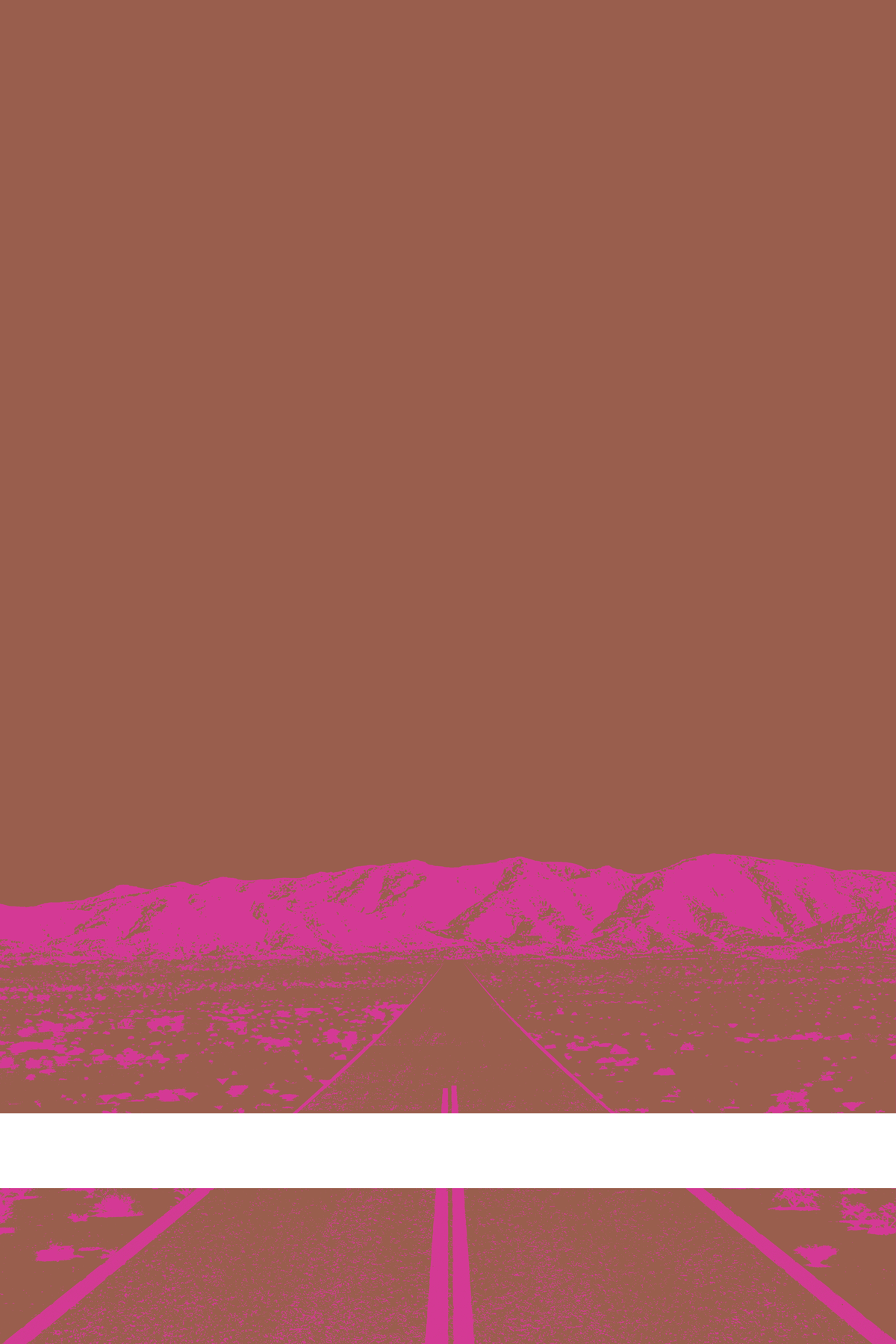 A view of Mercury Valley, Nevada, facing toward the northwest. The composition is rendered in brown and pink. A prominent white line stretches across the composition near the bottom of the view.