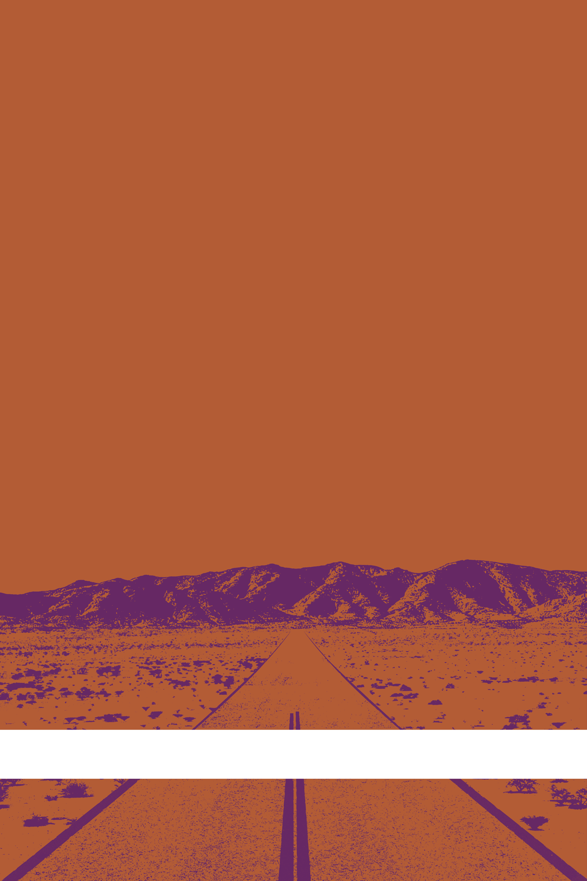 A view of Mercury Valley, Nevada, facing toward the northwest. The composition is rendered in dark orange and purple. A prominent white line stretches across the composition near the bottom of the view.