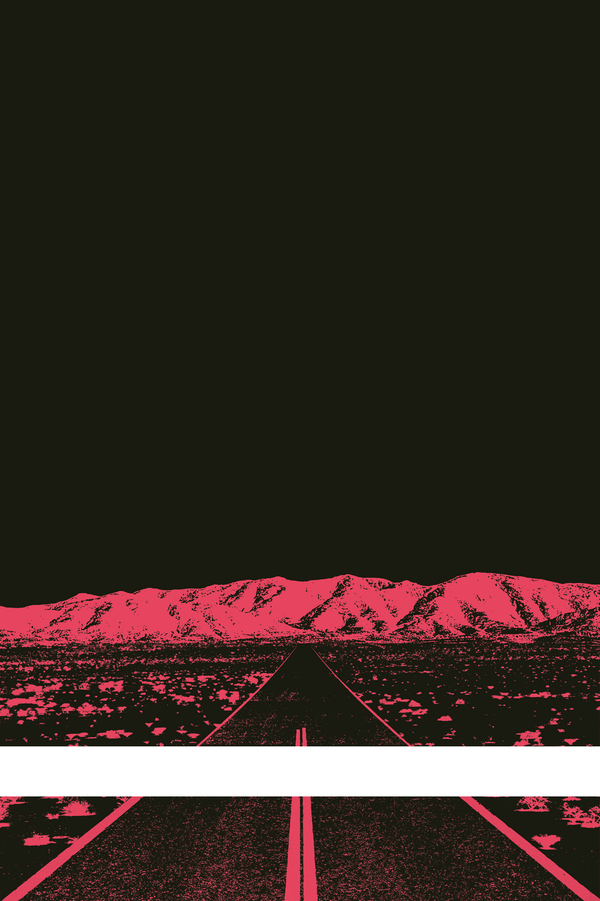 A view of Mercury Valley, Nevada, facing toward the northwest. The composition is rendered in black and pink. A prominent white line stretches across the composition near the bottom of the view.