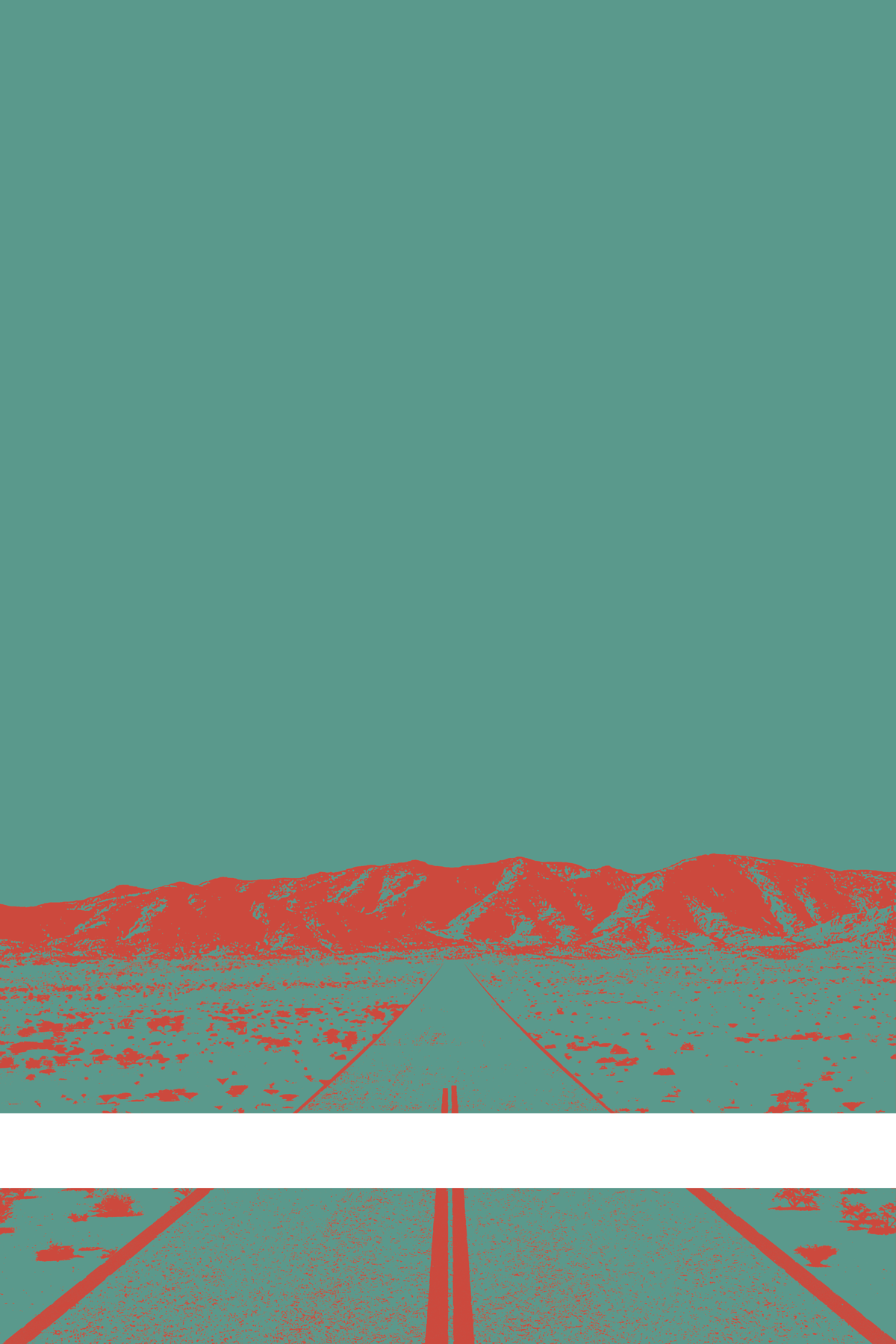 A view of Mercury Valley, Nevada, facing toward the northwest. The composition is rendered in blue and pink. A prominent white line stretches across the composition near the bottom of the view.