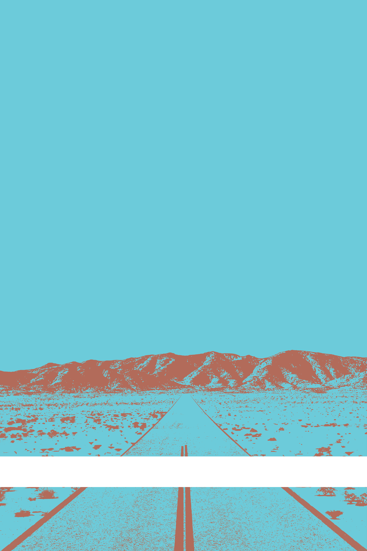 A view of Mercury Valley, Nevada, facing toward the northwest. The composition is rendered in light blue and brown. A prominent white line stretches across the composition near the bottom of the view.