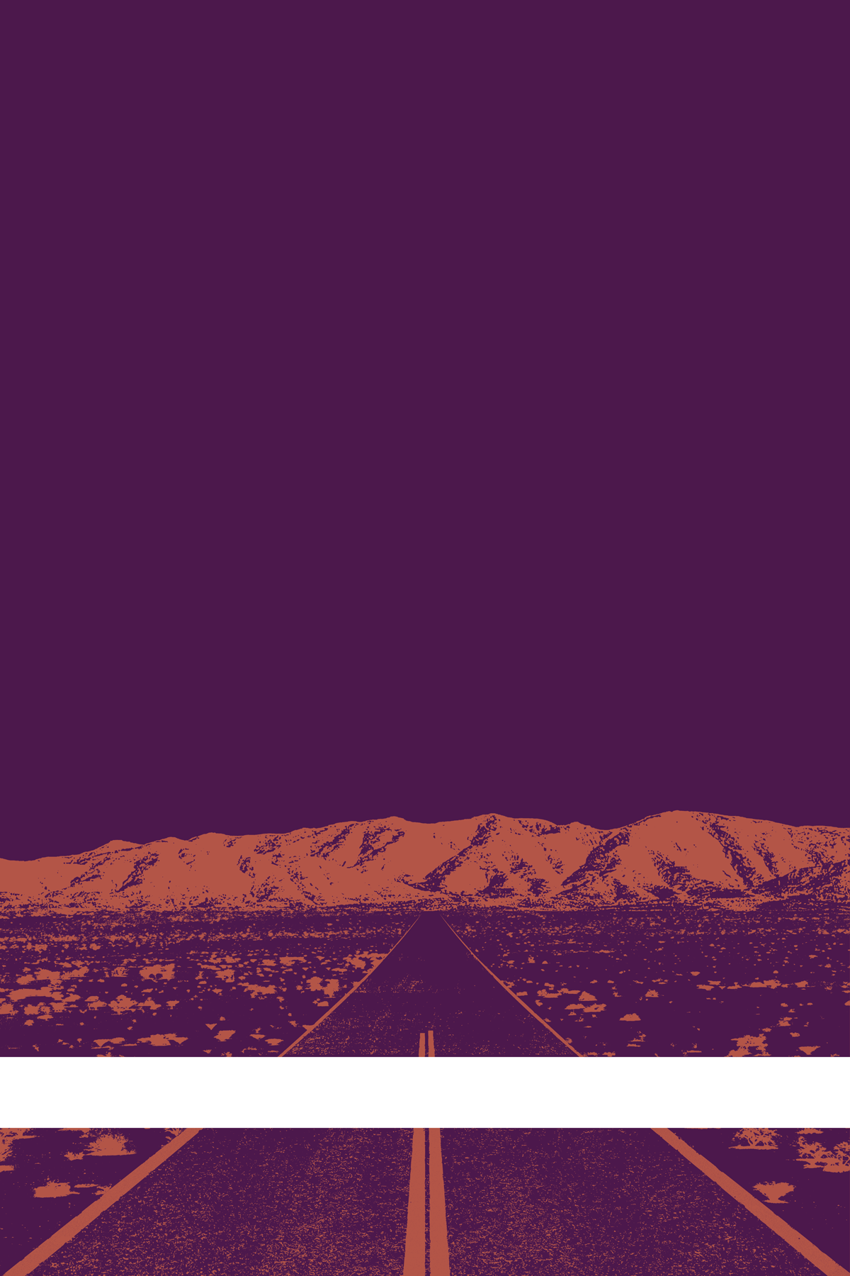 A view of Mercury Valley, Nevada, facing toward the northwest. The composition is rendered in purple and light pink. A prominent white line stretches across the composition near the bottom of the view.