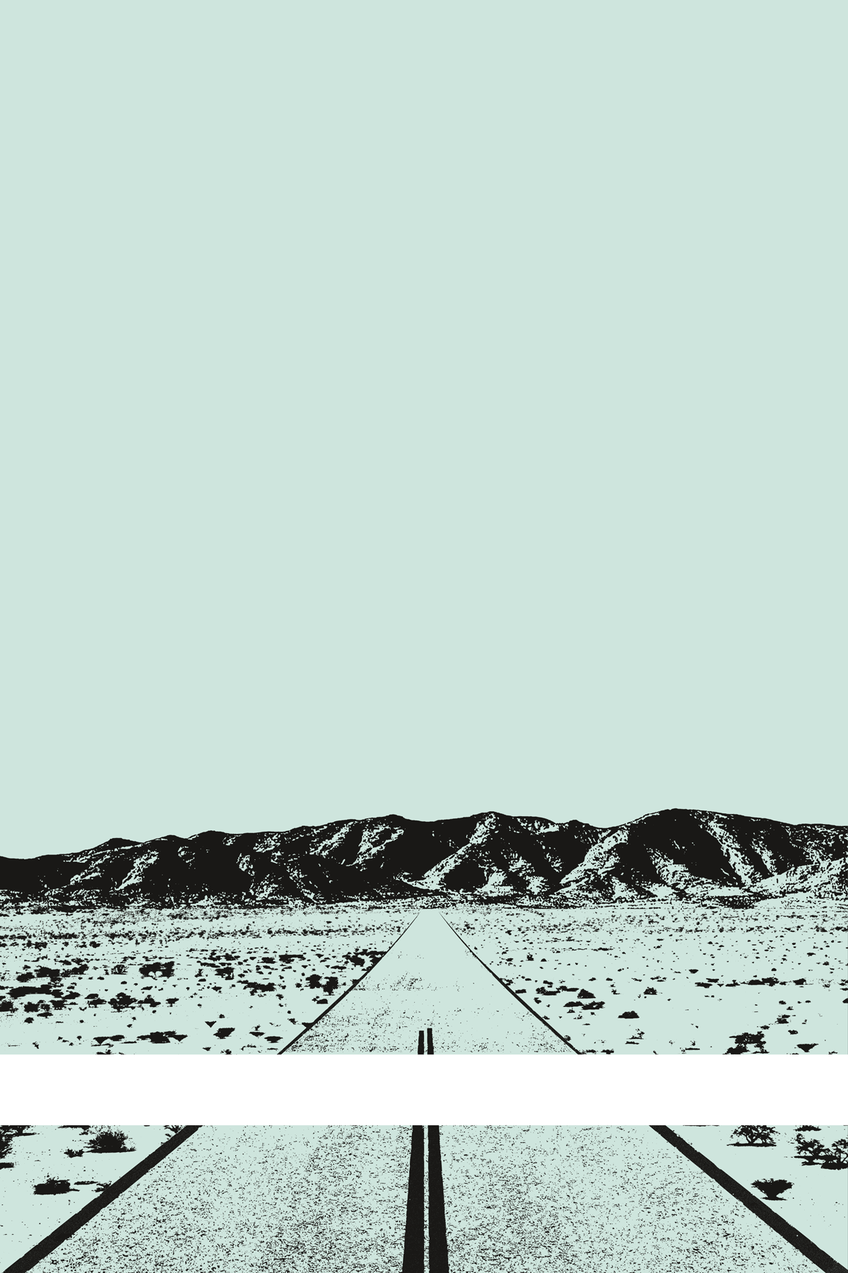 A view of Mercury Valley, Nevada, facing toward the northwest. The composition is rendered in light grayish blue and black. A prominent white line stretches across the composition near the bottom of the view.