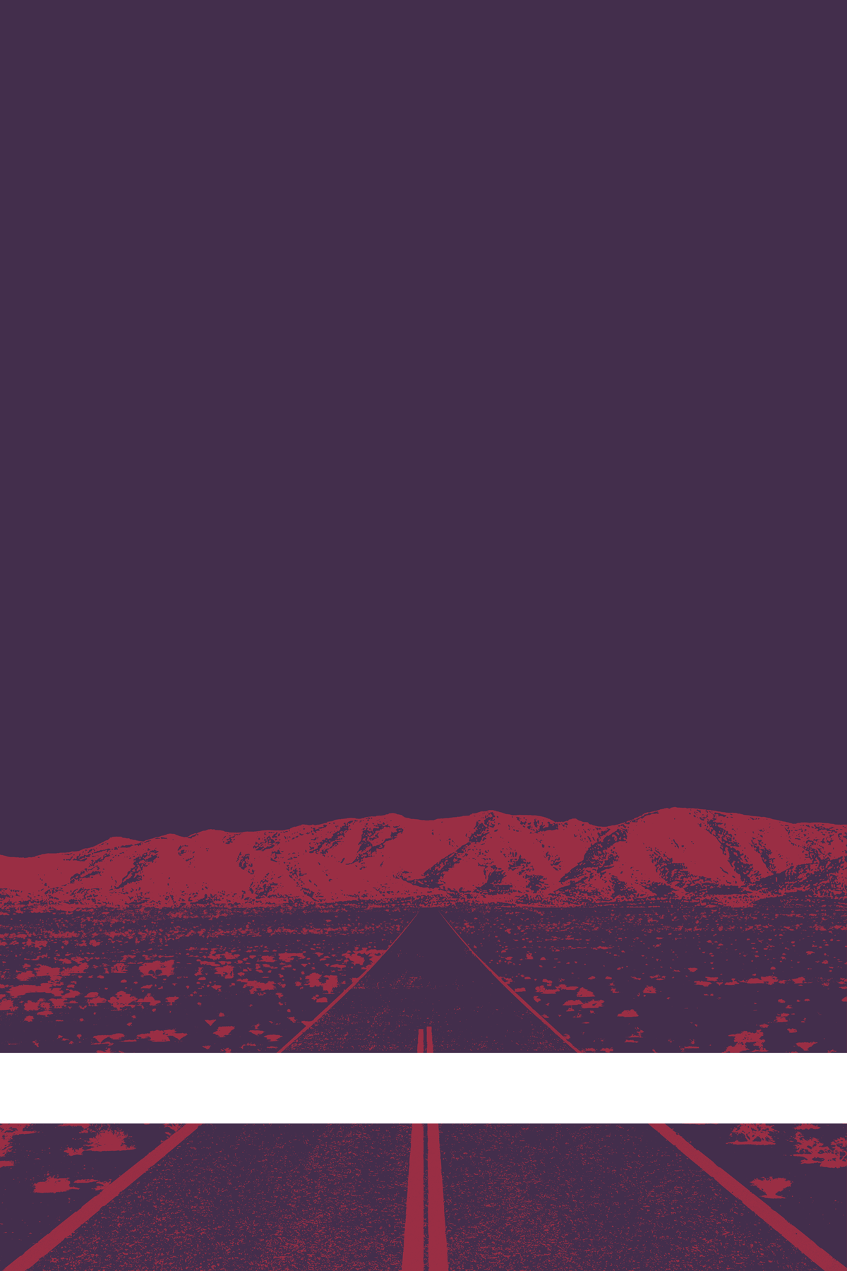 A view of Mercury Valley, Nevada, facing toward the northwest. The composition is rendered in dark purple and red. A prominent white line stretches across the composition near the bottom of the view.