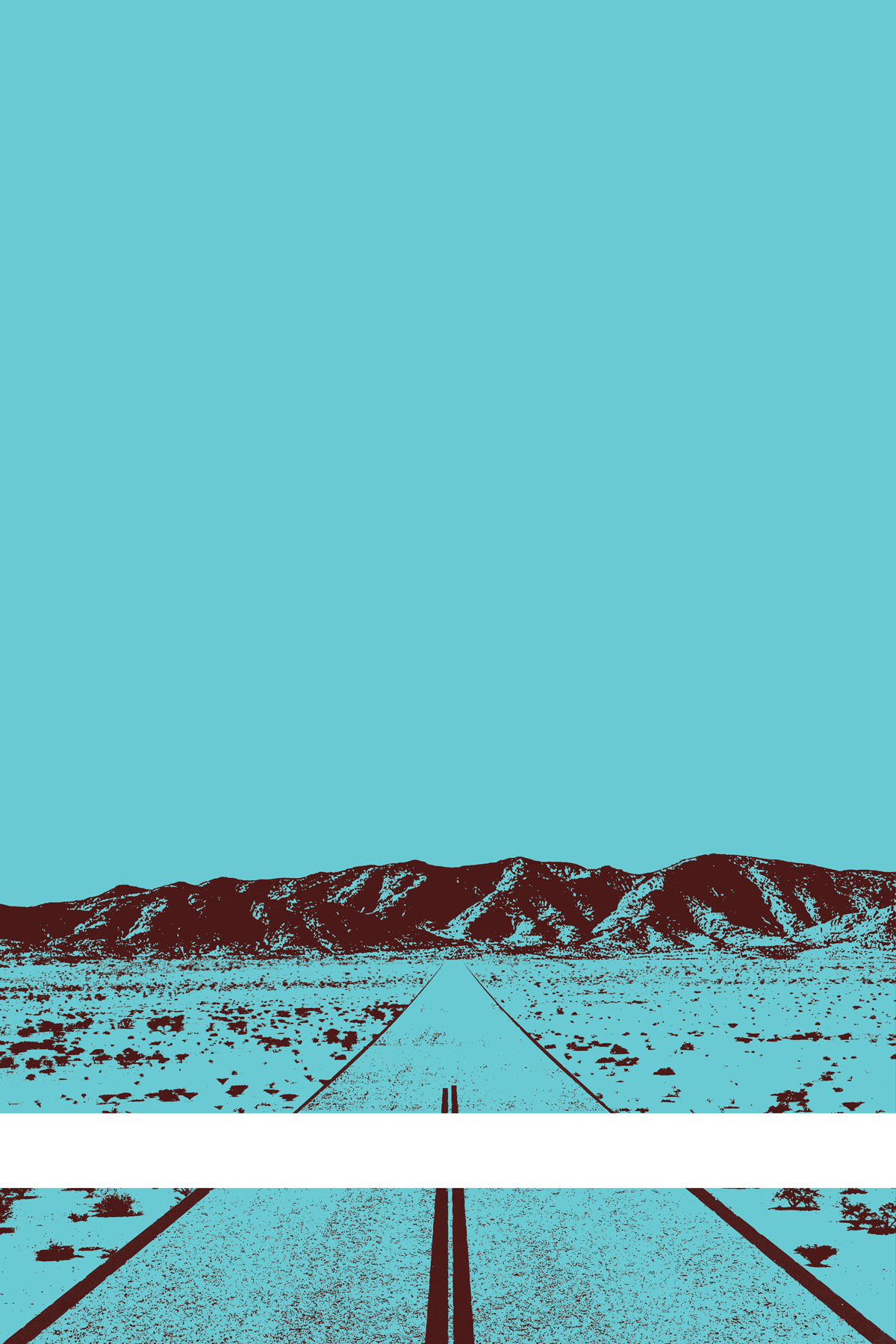 A view of Mercury Valley, Nevada, facing toward the northwest. The composition is rendered in light blue and dark brown. A prominent white line stretches across the composition near the bottom of the view.