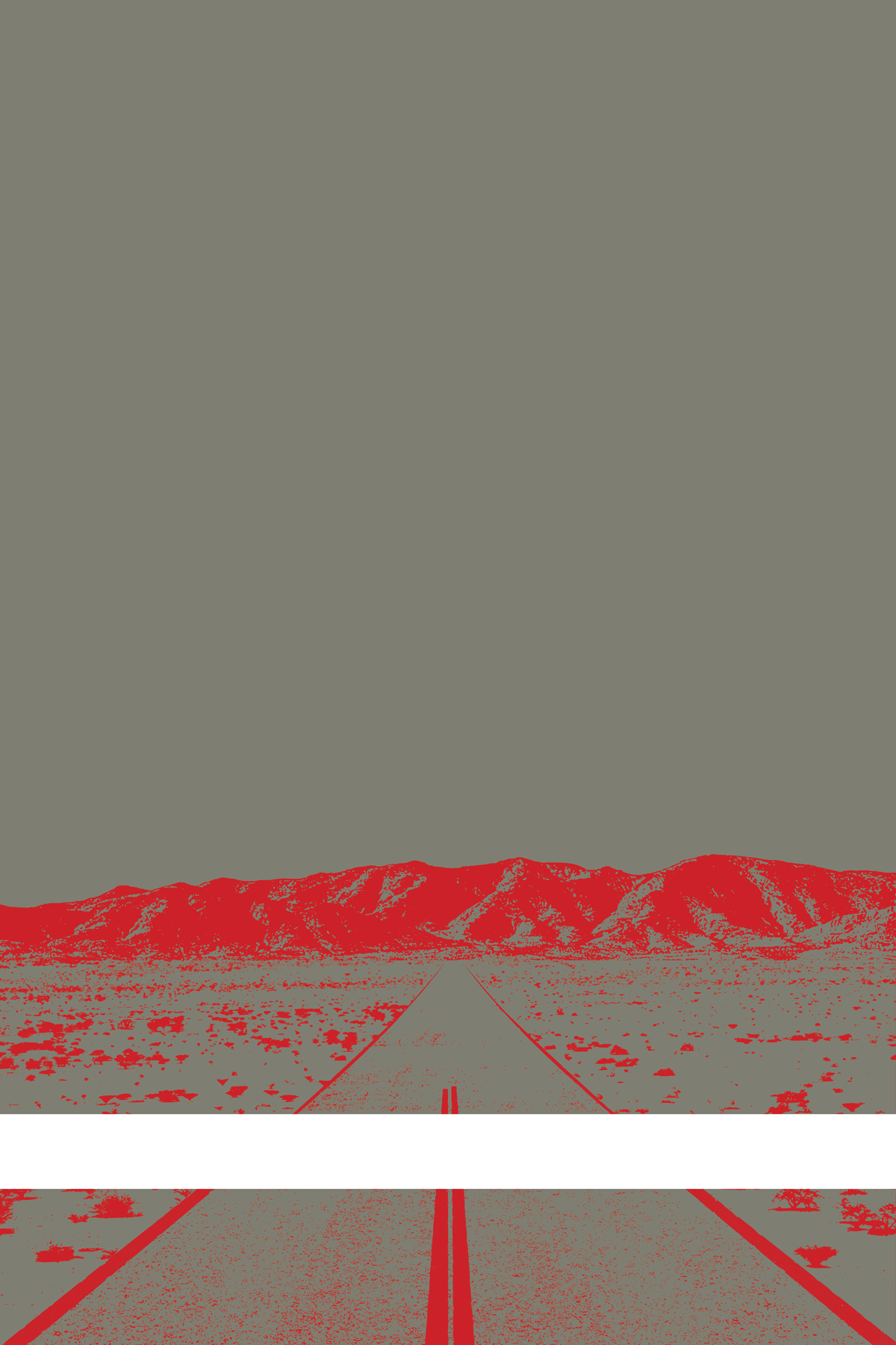 A view of Mercury Valley, Nevada, facing toward the northwest. The composition is rendered in gray and red. A prominent white line stretches across the composition near the bottom of the view.