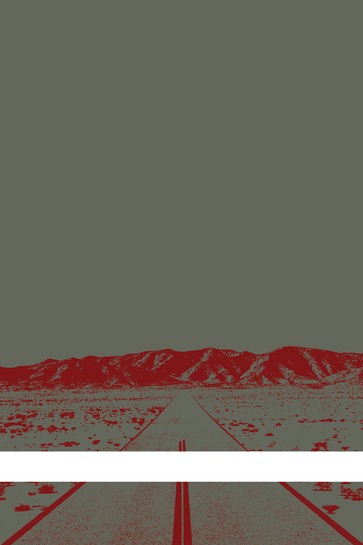 A view of Mercury Valley, Nevada, facing toward the northwest. The composition is rendered in dark gray and dark red. A prominent white line stretches across the composition near the bottom of the view.