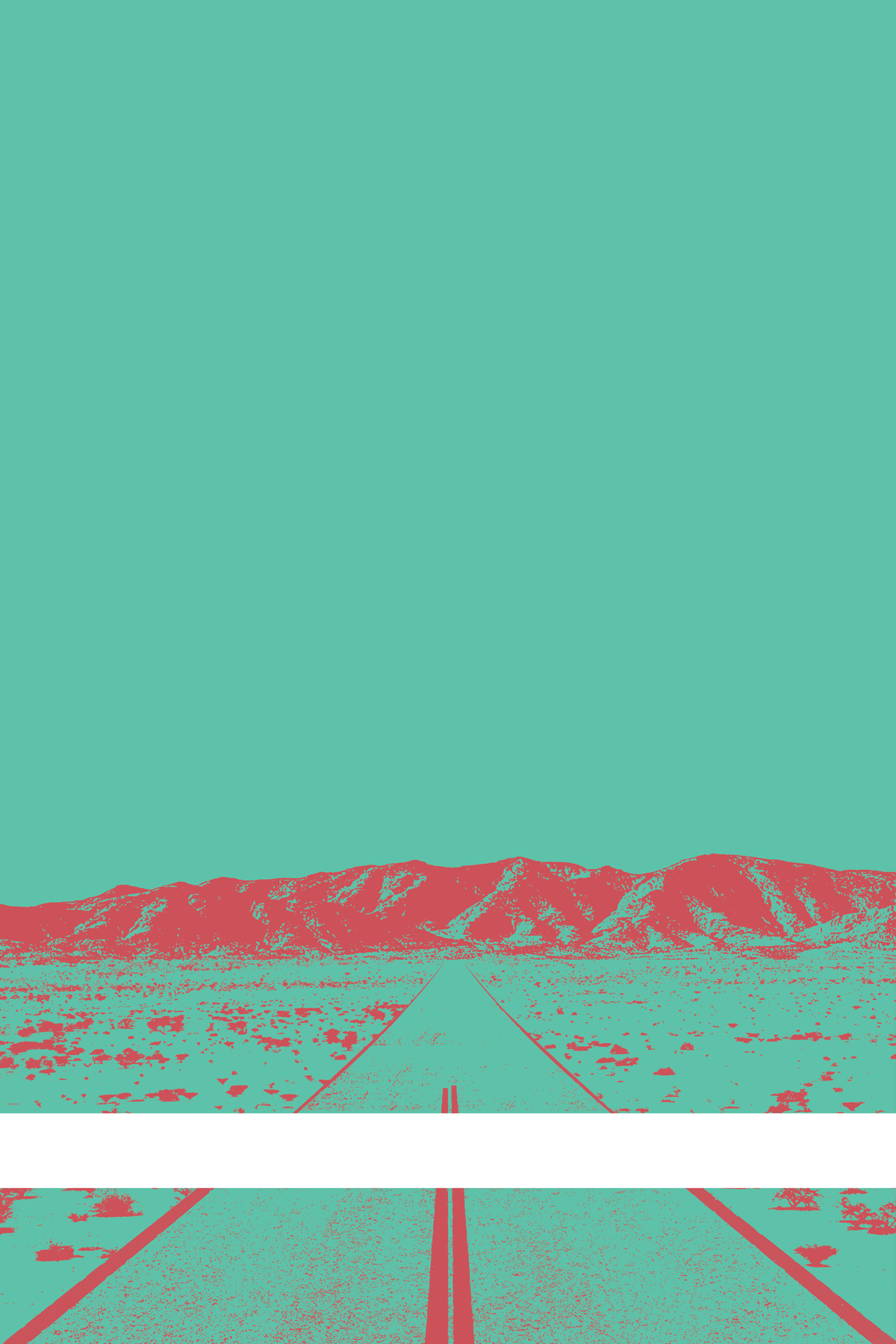 A view of Mercury Valley, Nevada, facing toward the northwest. The composition is rendered in light blue-green and reddish orange. A prominent white line stretches across the composition near the bottom of the view.