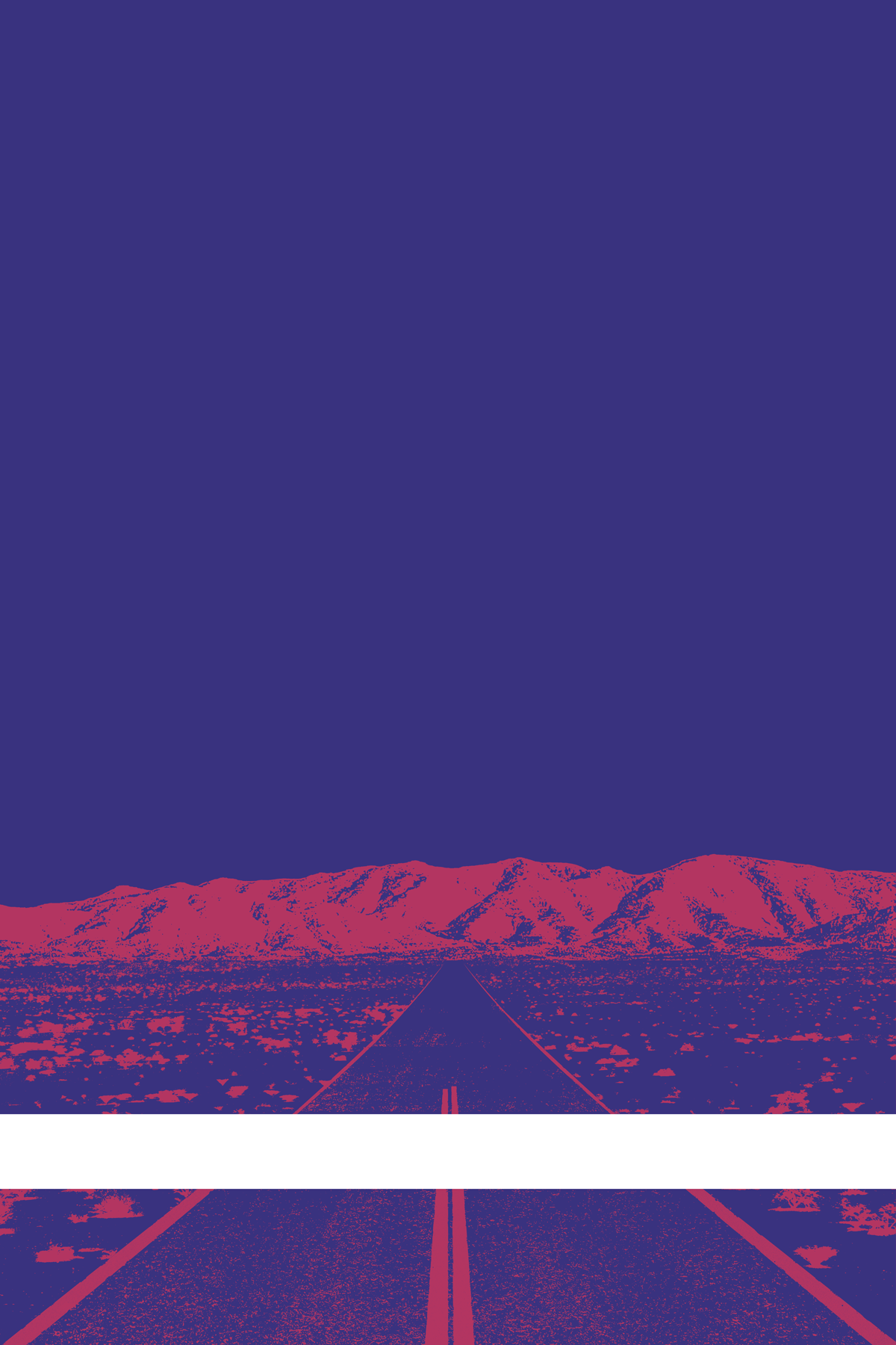 A view of Mercury Valley, Nevada, facing toward the northwest. The composition is rendered in blue and pink. A prominent white line stretches across the composition near the bottom of the view.