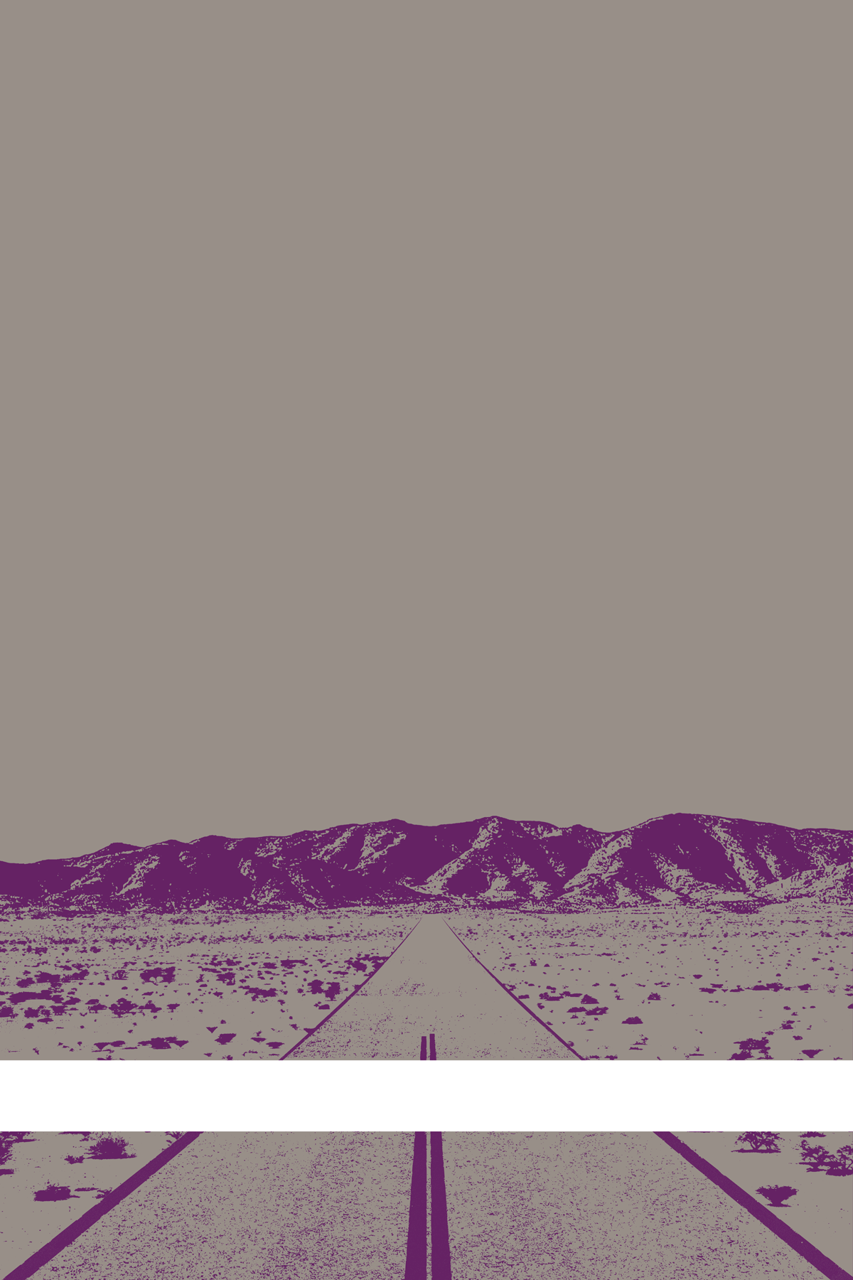 A view of Mercury Valley, Nevada, facing toward the northwest. The composition is rendered in gray and dark purple. A prominent white line stretches across the composition near the bottom of the view.