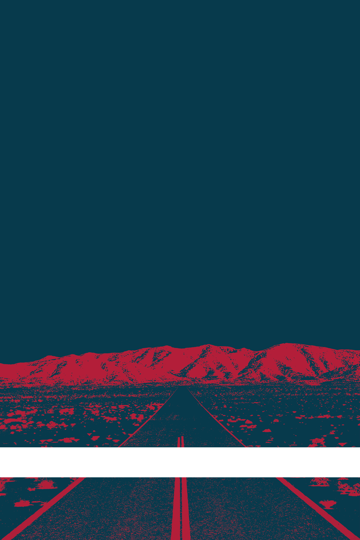 A view of Mercury Valley, Nevada, facing toward the northwest. The composition is rendered in dark blue and red. A prominent white line stretches across the composition near the bottom of the view.