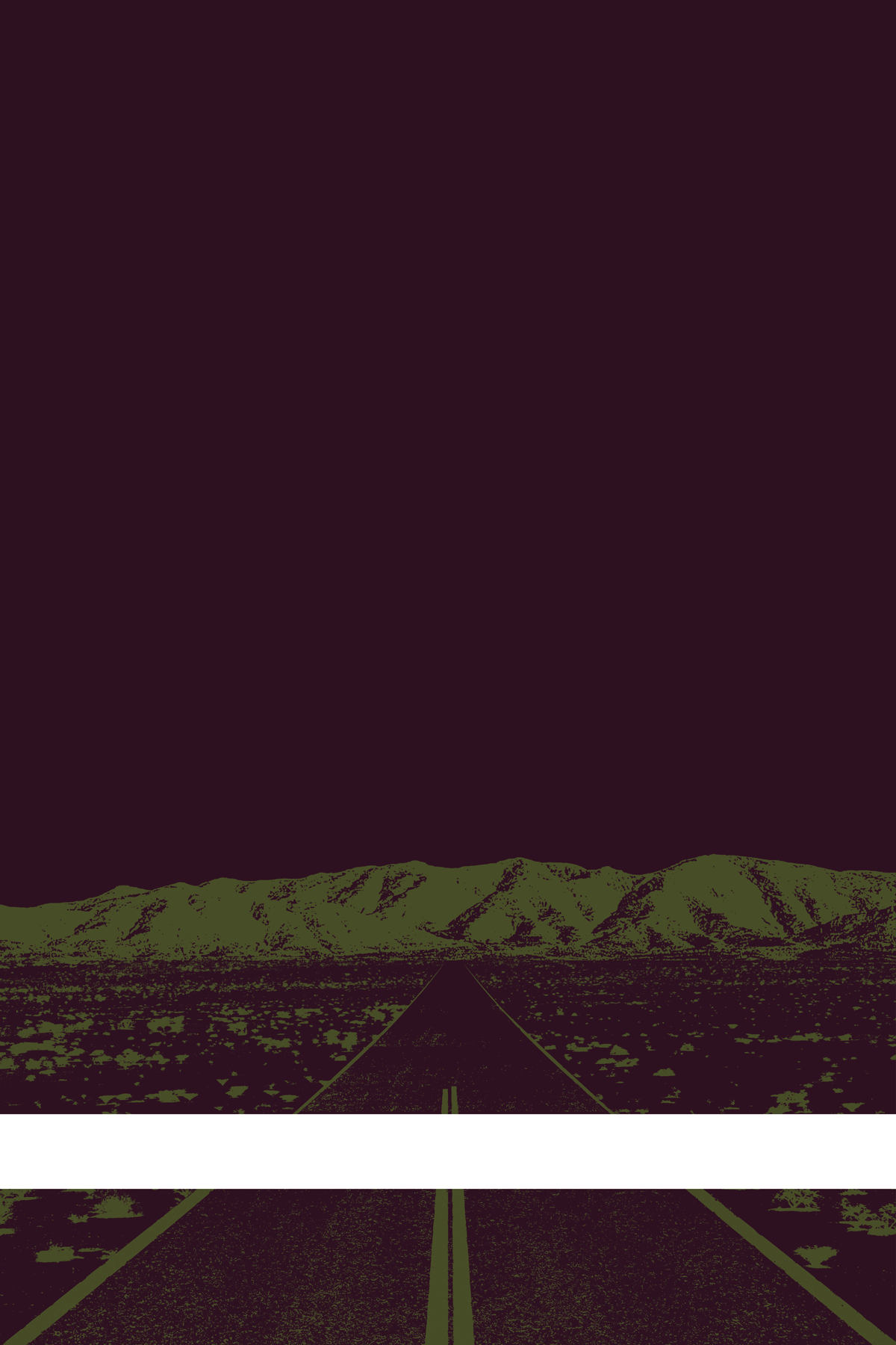 A view of Mercury Valley, Nevada, facing toward the northwest. The composition is rendered in dark purple and dark yellow-green. A prominent white line stretches across the composition near the bottom of the view.