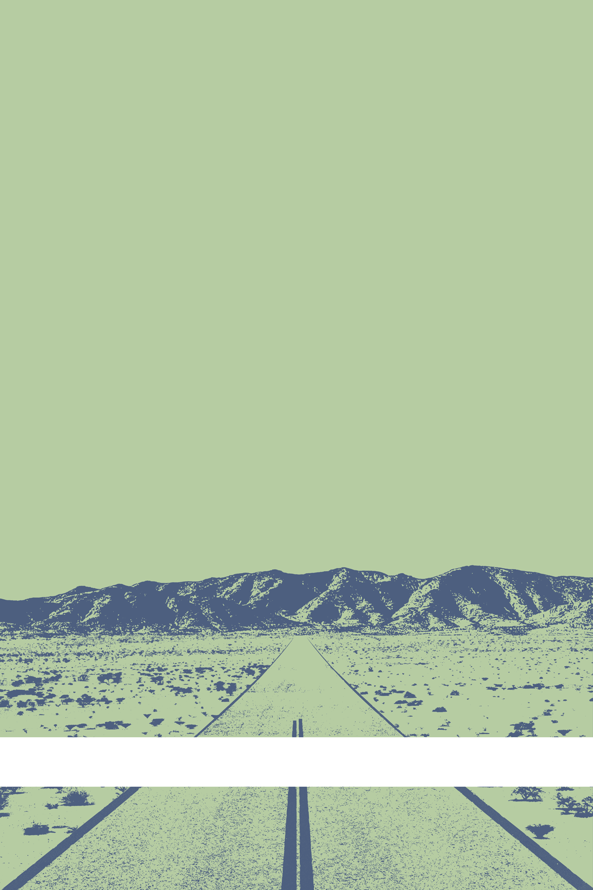 A view of Mercury Valley, Nevada, facing toward the northwest. The composition is rendered in light green and grayish blue. A prominent white line stretches across the composition near the bottom of the view.