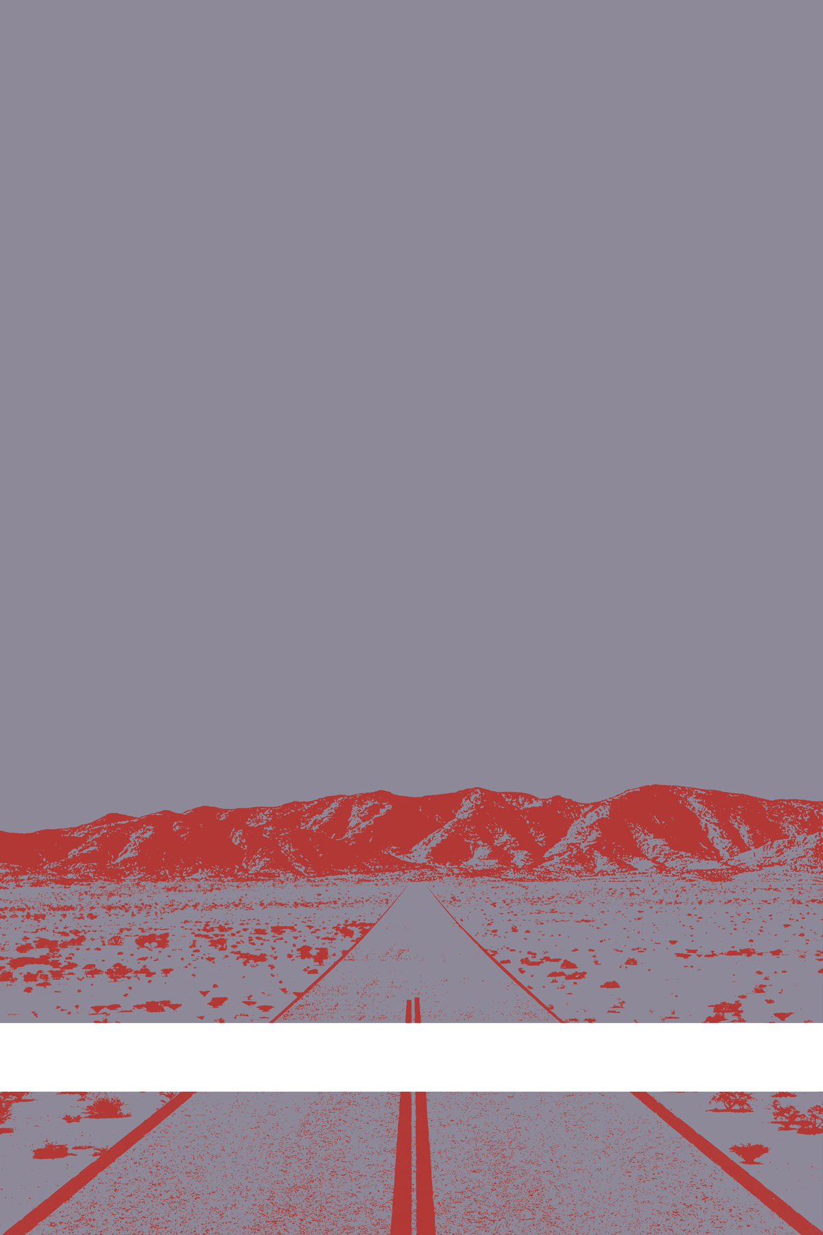 A view of Mercury Valley, Nevada, facing toward the northwest. The composition is rendered in light grayish purple and reddish orange. A prominent white line stretches across the composition near the bottom of the view.