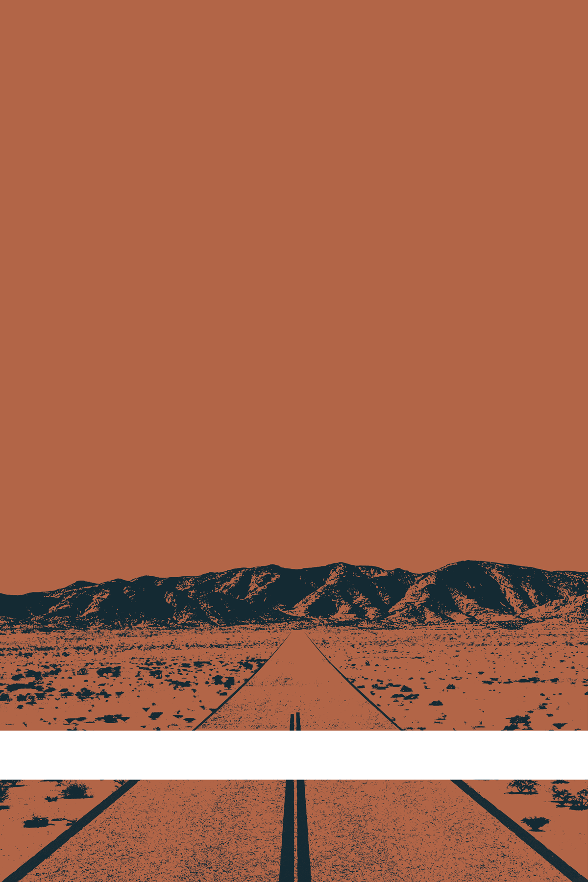 A view of Mercury Valley, Nevada, facing toward the northwest. The composition is rendered in light orange and dark gray. A prominent white line stretches across the composition near the bottom of the view.