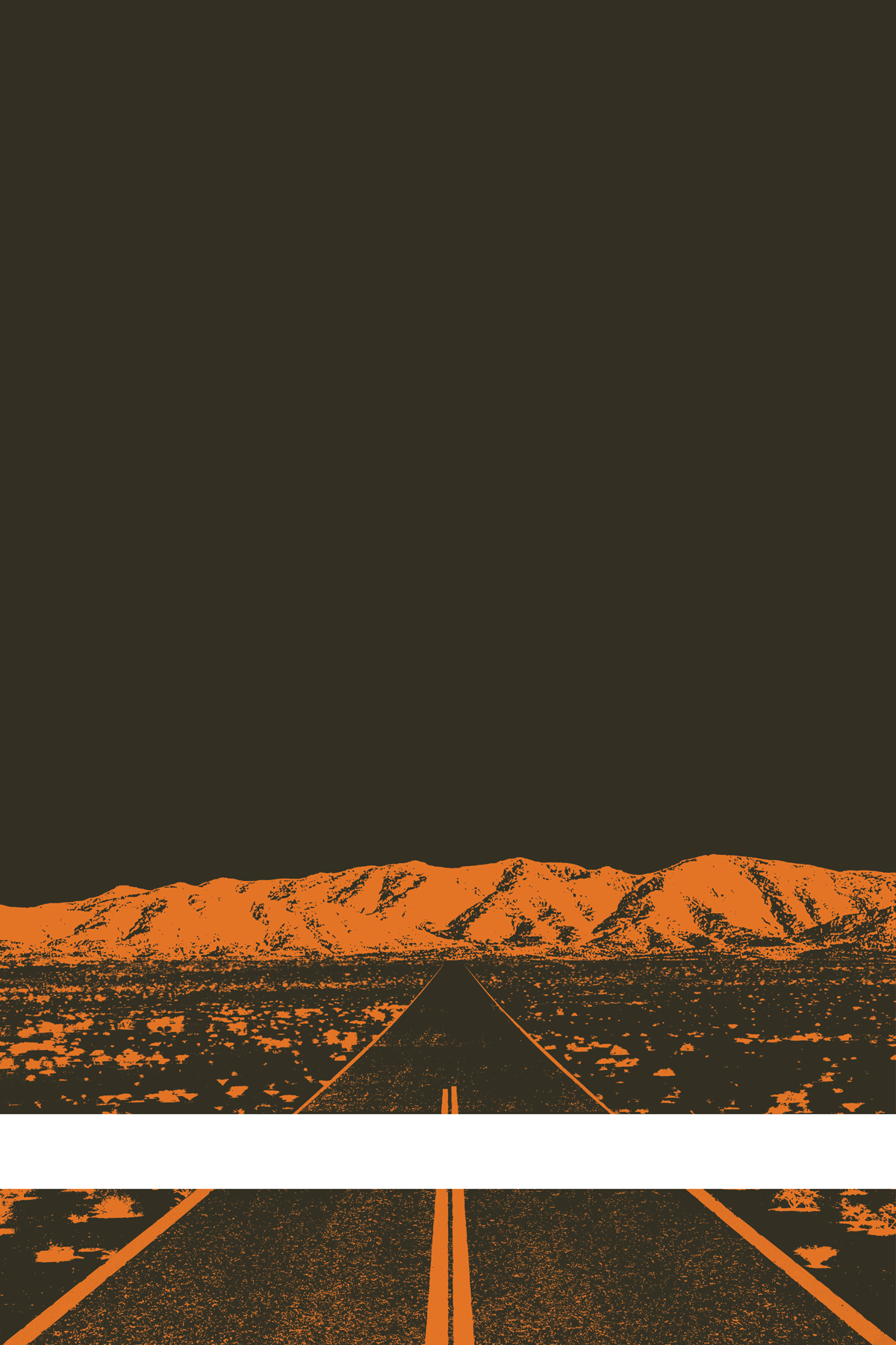 A view of Mercury Valley, Nevada, facing toward the northwest. The composition is rendered in brown and orange. A prominent white line stretches across the composition near the bottom of the view.