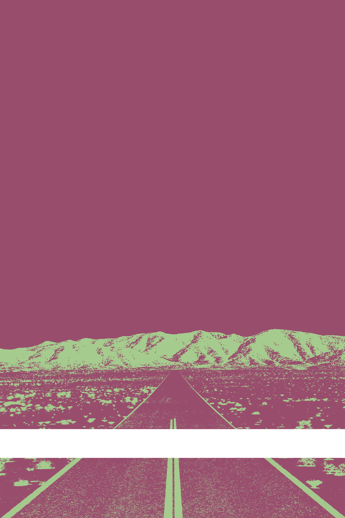 A view of Mercury Valley, Nevada, facing toward the northwest. The composition is rendered in light purple and light green. A prominent white line stretches across the composition near the bottom of the view.