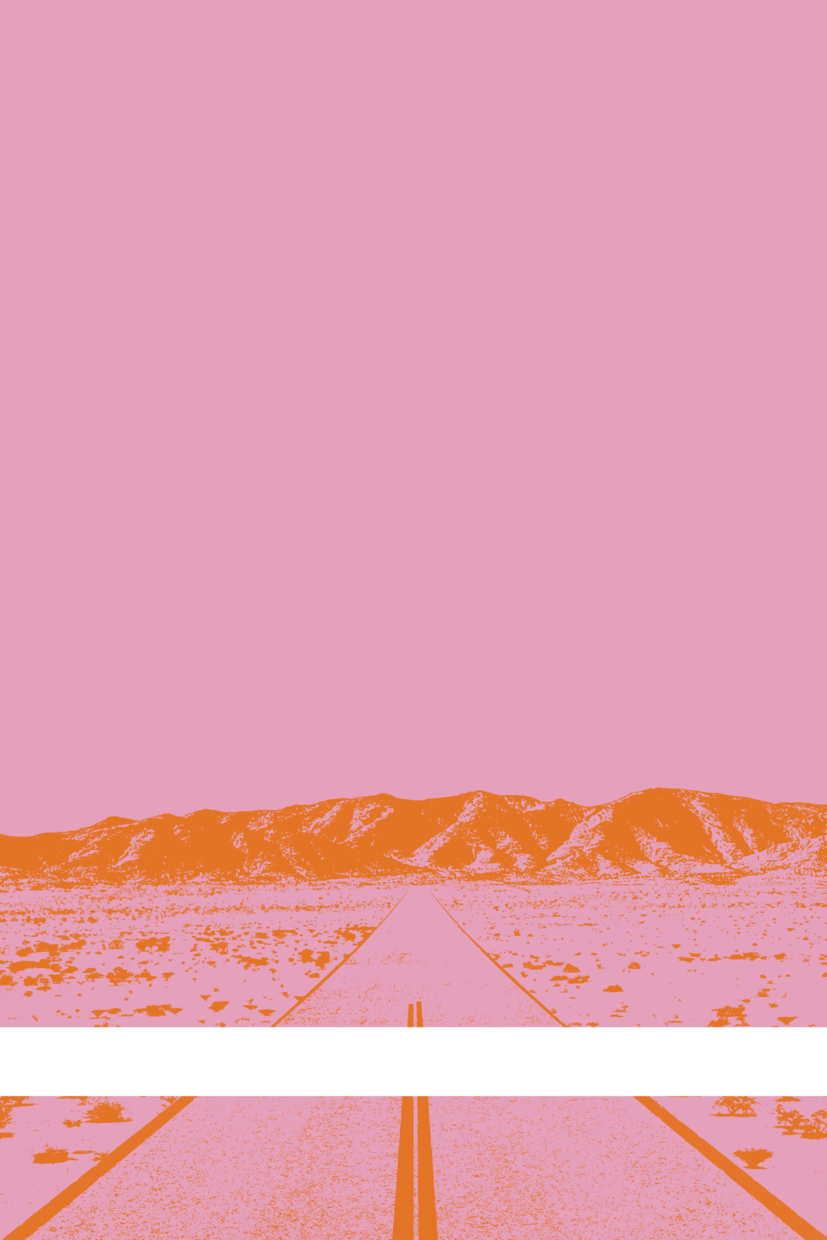 A view of Mercury Valley, Nevada, facing toward the northwest. The composition is rendered in pink and orange. A prominent white line stretches across the composition near the bottom of the view.