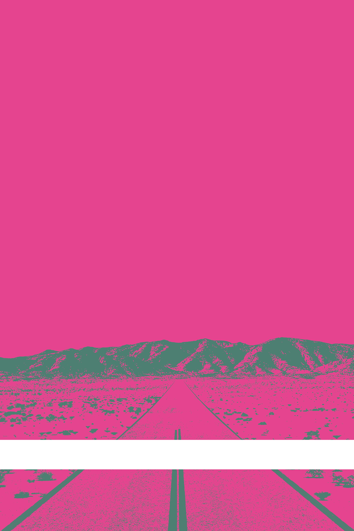 A view of Mercury Valley, Nevada, facing toward the northwest. The composition is rendered in pink and light grayish green. A prominent white line stretches across the composition near the bottom of the view.