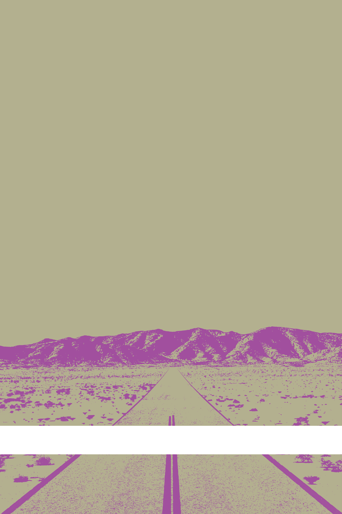 A view of Mercury Valley, Nevada, facing toward the northwest. The composition is rendered in light grayish brown and purple. A prominent white line stretches across the composition near the bottom of the view.