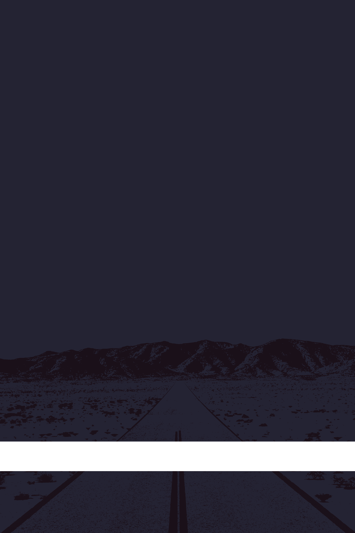 A view of Mercury Valley, Nevada, facing toward the northwest. The composition is rendered in dark gray and dark purple. A prominent white line stretches across the composition near the bottom of the view.