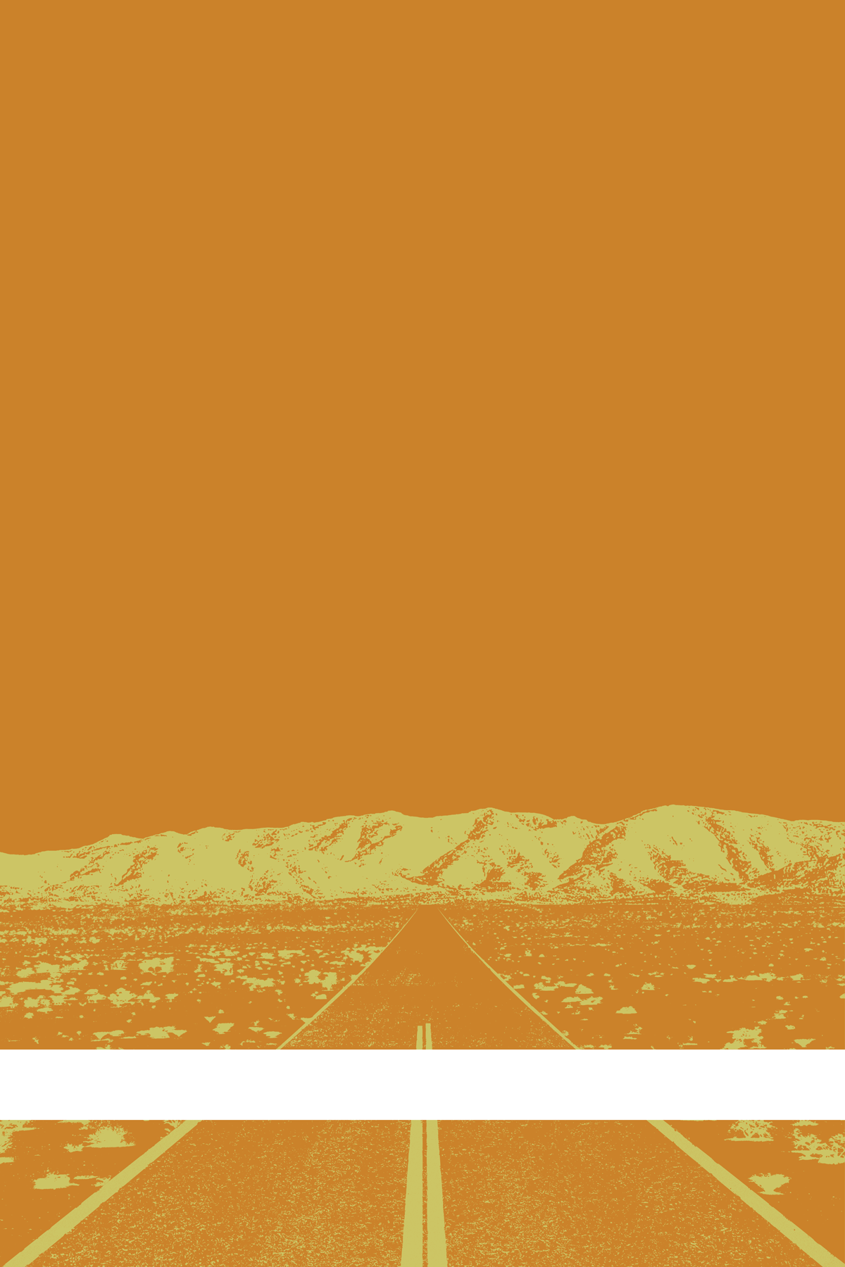 A view of Mercury Valley, Nevada, facing toward the northwest. The composition is rendered in orange and light yellow. A prominent white line stretches across the composition near the bottom of the view.