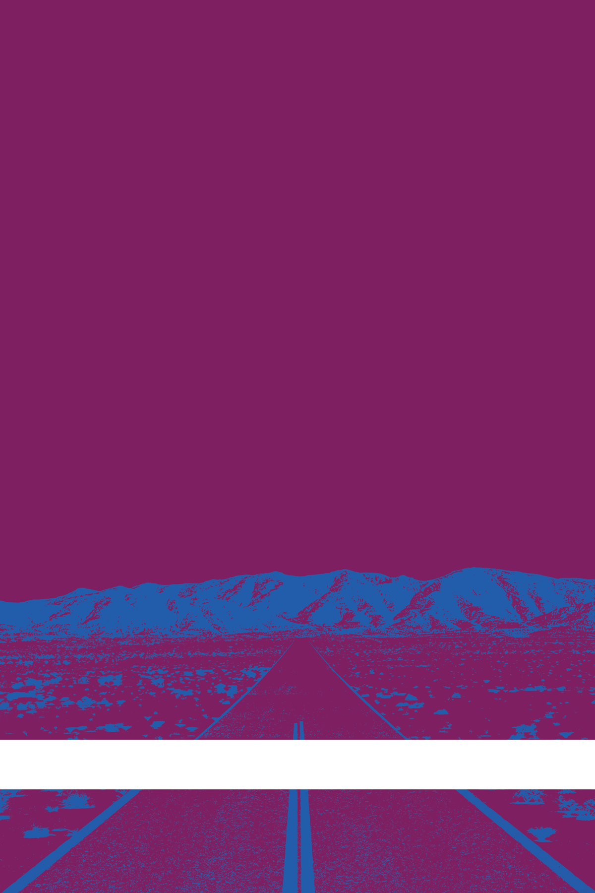 A view of Mercury Valley, Nevada, facing toward the northwest. The composition is rendered in purple and blue. A prominent white line stretches across the composition near the bottom of the view.