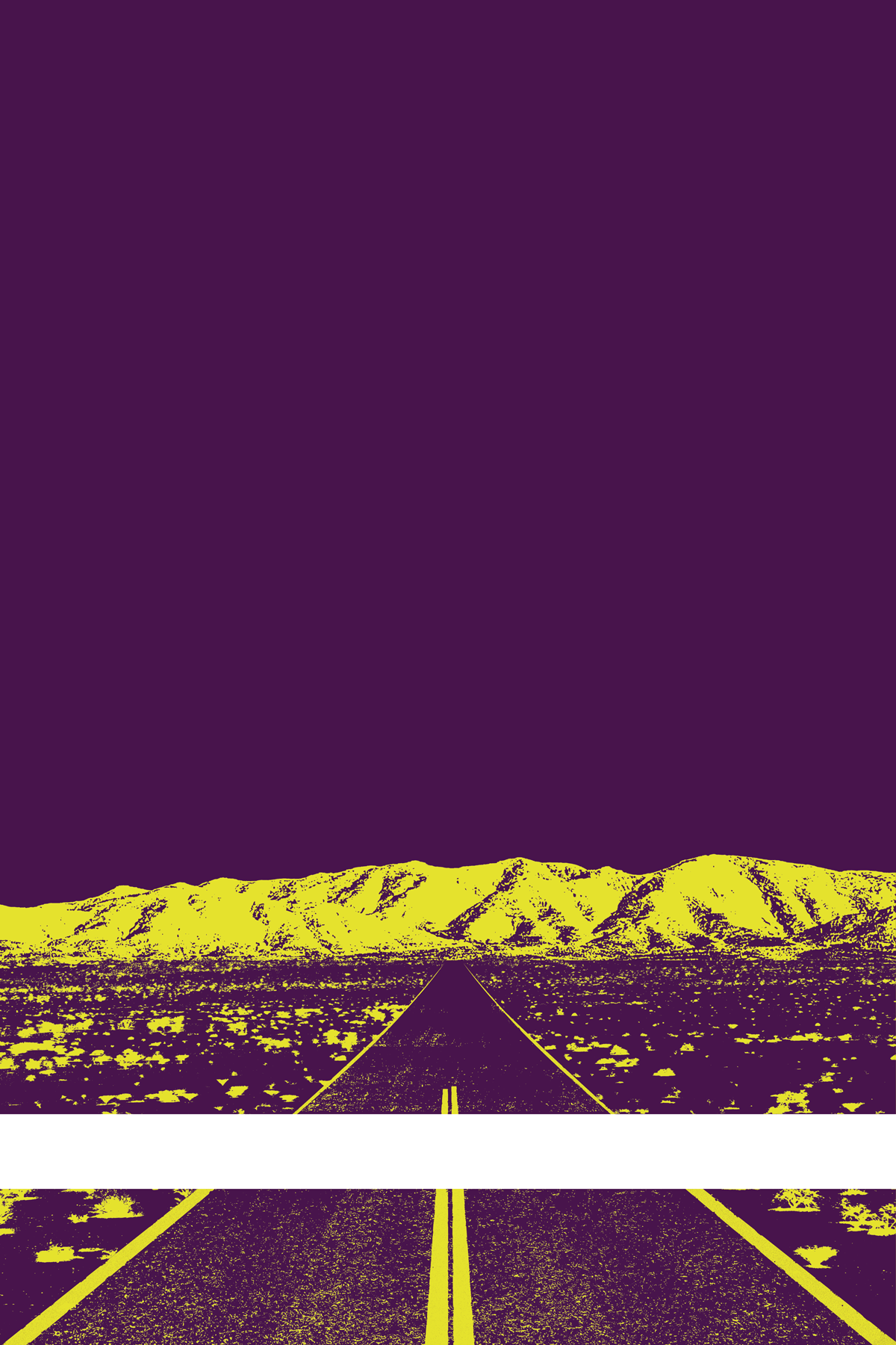 A view of Mercury Valley, Nevada, facing toward the northwest. The composition is rendered in dark purple and yellow. A prominent white line stretches across the composition near the bottom of the view.