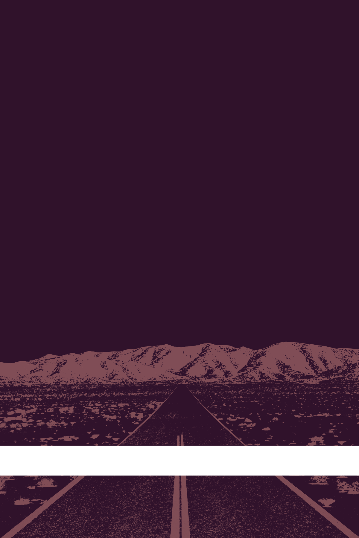 A view of Mercury Valley, Nevada, facing toward the northwest. The composition is rendered in dark purple and pale purple. A prominent white line stretches across the composition near the bottom of the view.